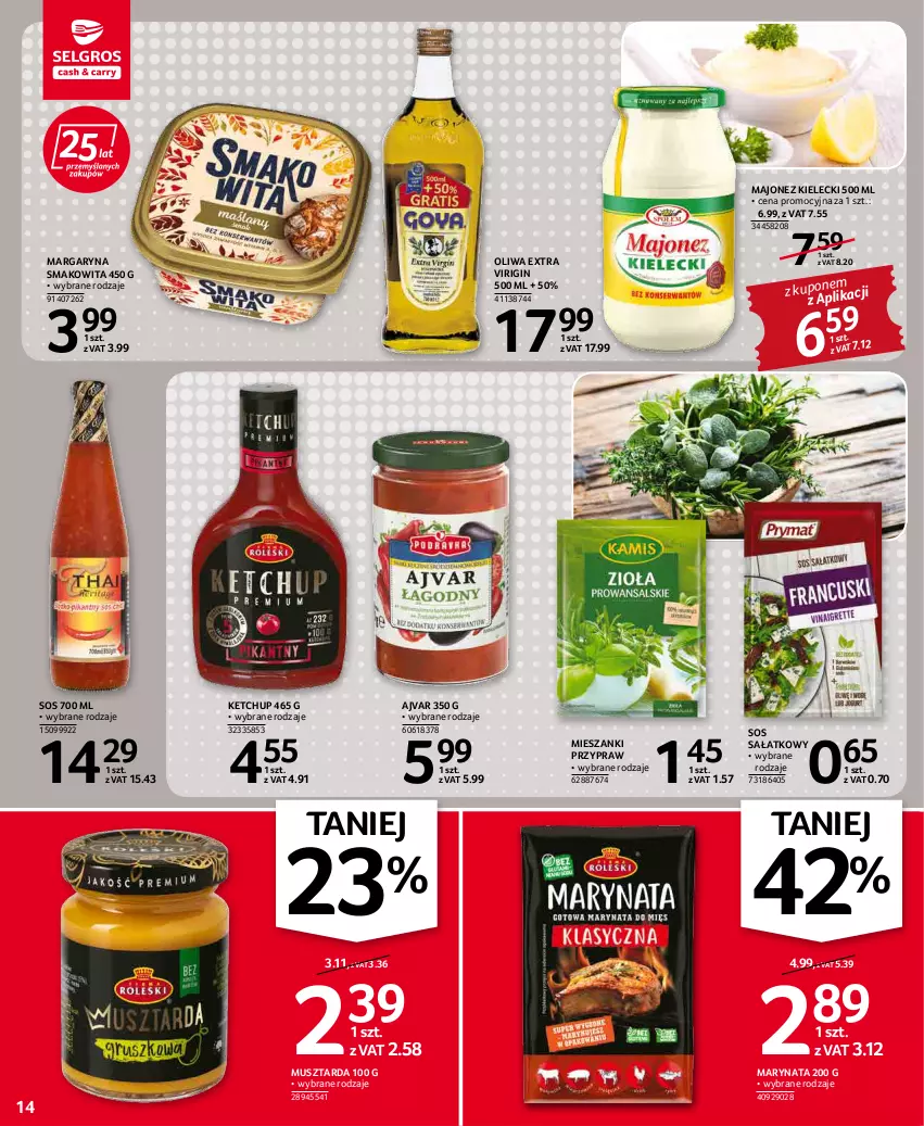 Gazetka promocyjna Selgros - Oferta spożywcza - ważna 19.05 do 01.06.2022 - strona 14 - produkty: Gin, Ketchup, Majonez, Margaryna, Mus, Musztarda, Sałat, Smakowita, Sos