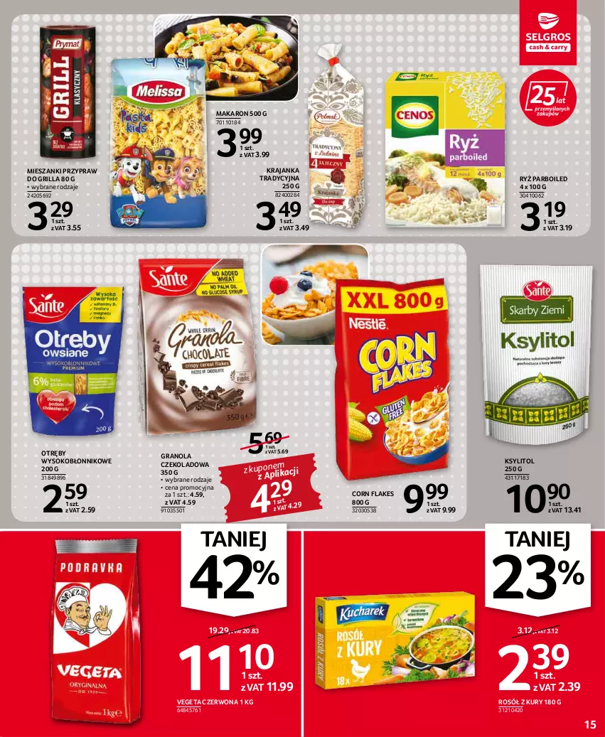 Gazetka promocyjna Selgros - Oferta spożywcza - ważna 19.05 do 01.06.2022 - strona 15 - produkty: Corn flakes, Gra, Granola, Grill, Ksylitol, Makaron, Rosół, Ryż, Ryż parboiled, Sok, Vegeta