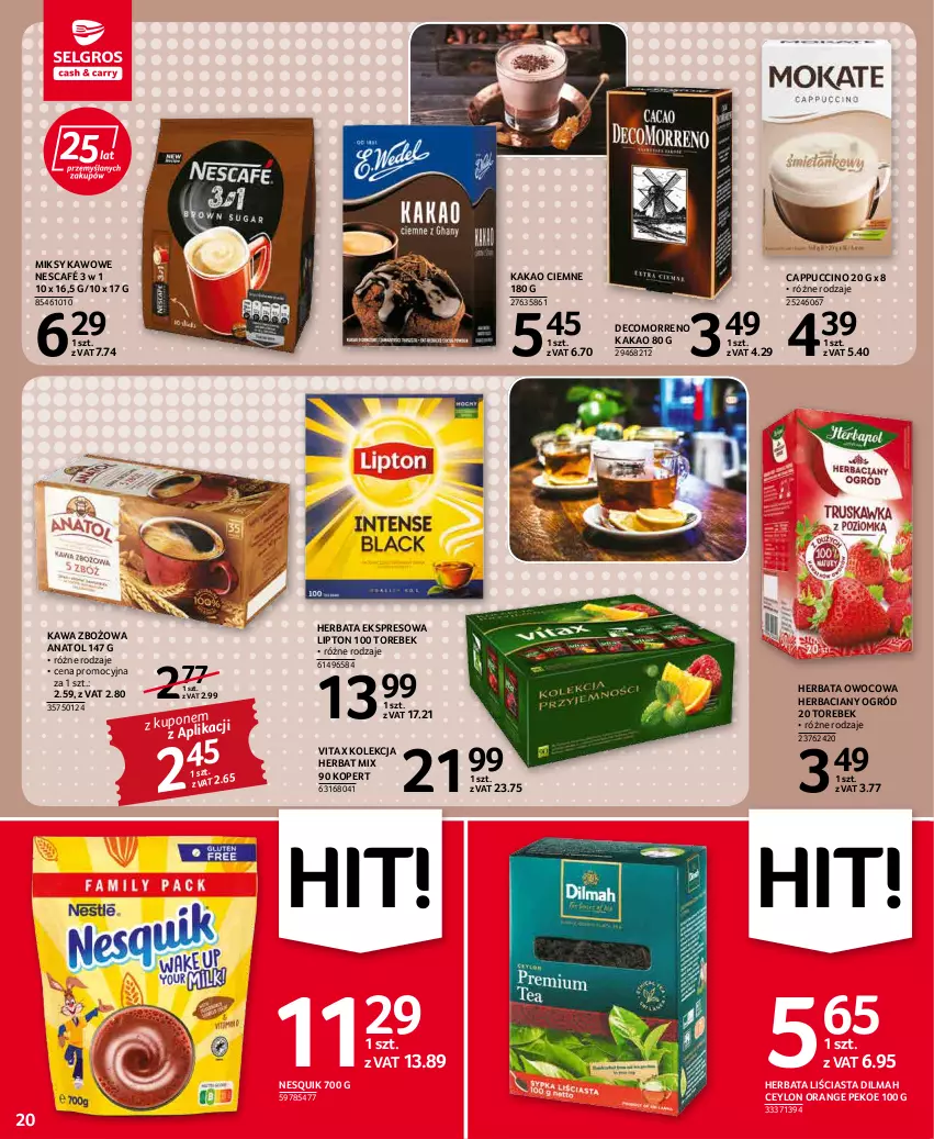 Gazetka promocyjna Selgros - Oferta spożywcza - ważna 19.05 do 01.06.2022 - strona 20 - produkty: Cappuccino, Dilmah, Herbata, Herbata owocowa, Kakao, Kawa, Kawa zbożowa, Lipton, Nescafé, Nesquik, Ogród, Vitax