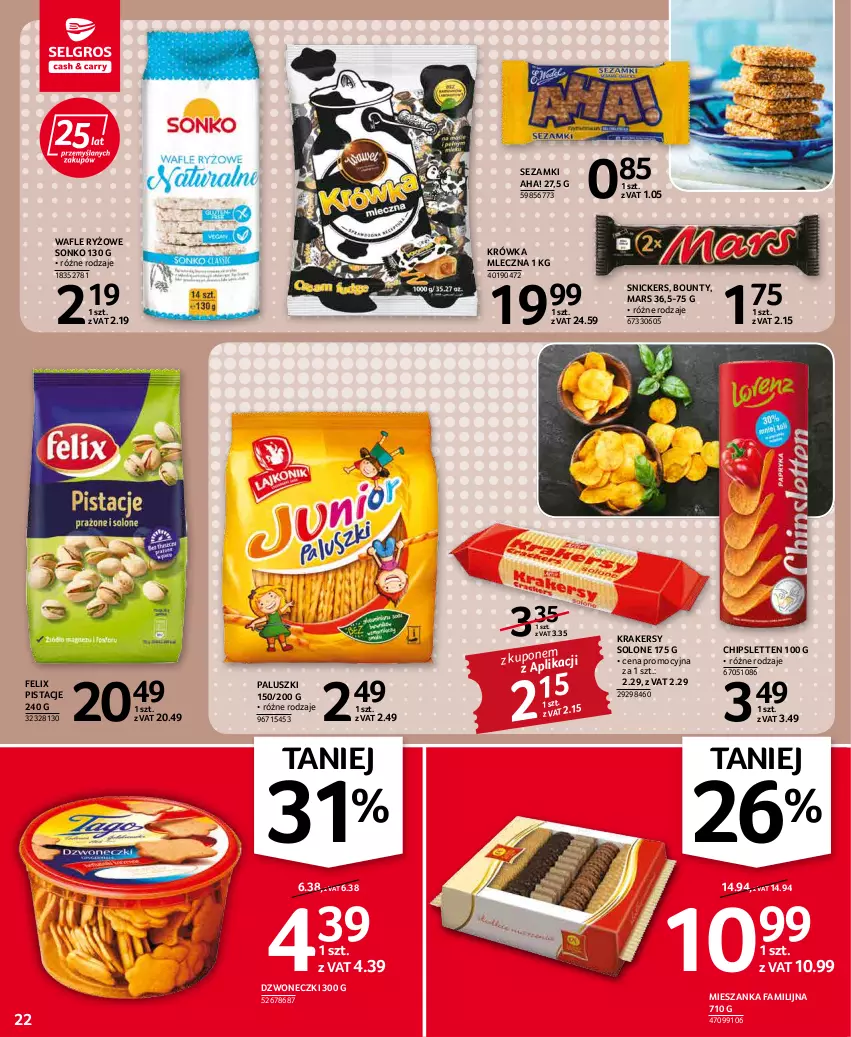 Gazetka promocyjna Selgros - Oferta spożywcza - ważna 19.05 do 01.06.2022 - strona 22 - produkty: Bounty, Fa, Felix, Krakersy, Mars, Pistacje, Ryż, Sezam, Snickers, Sonko, Wafle