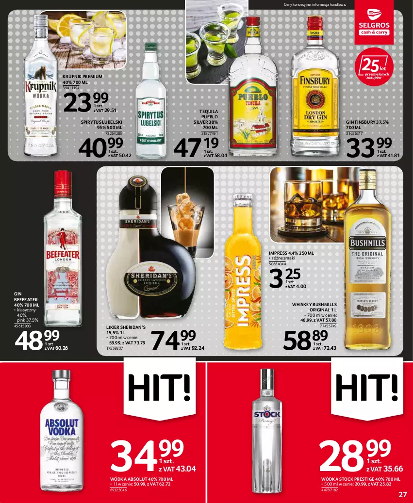 Gazetka promocyjna Selgros - Oferta spożywcza - ważna 19.05 do 01.06.2022 - strona 27 - produkty: Absolut, Bushmills, Gin, Krupnik, Likier, Stock, Tequila, Whiskey, Wódka