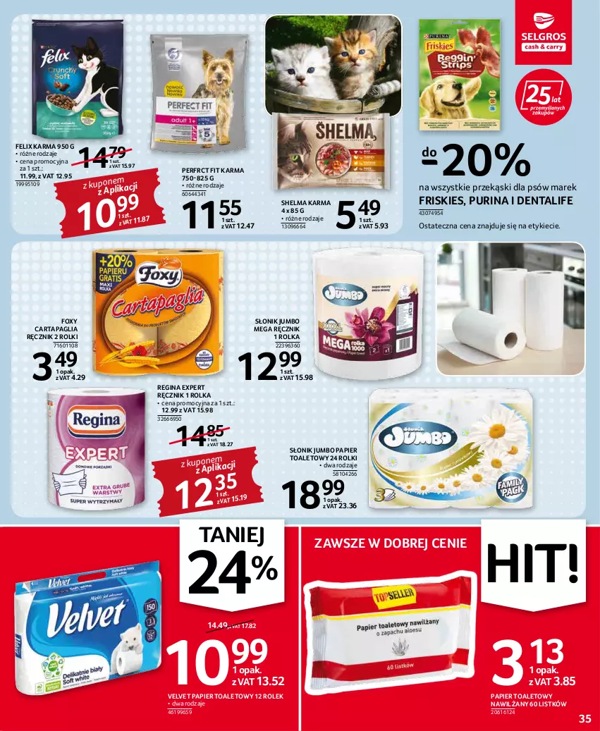 Gazetka promocyjna Selgros - Oferta spożywcza - ważna 19.05 do 01.06.2022 - strona 35 - produkty: Felix, Foxy, Friskies, Gin, Papier, Papier toaletowy, Pur, Purina, Ręcznik, Rolki, Velvet