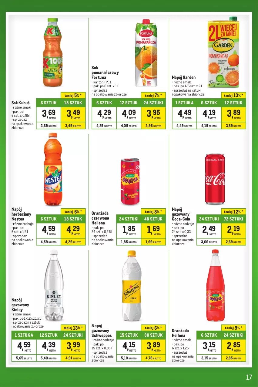 Gazetka promocyjna Makro - Kupujesz więcej płacisz mniej - oferta z alkoholem - ważna 31.10 do 27.11.2023 - strona 17 - produkty: Coca-Cola, Fortuna, Hellena, Kubuś, Napój, Napój gazowany, Nestea, Oranżada, Schweppes, Sok, Sok pomarańczowy