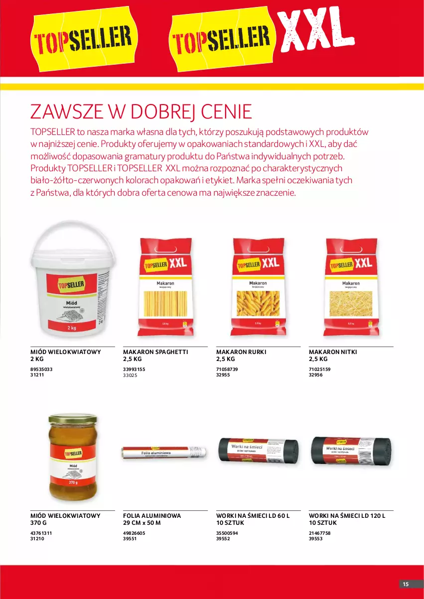 Gazetka promocyjna Selgros - Oferta gastronomiczna - ważna 01.01 do 31.01.2021 - strona 15 - produkty: Folia aluminiowa, Gra, Makaron, Miód, O nas, Rama, Rurki, Spaghetti, Top, Worki na śmiec, Worki na śmieci