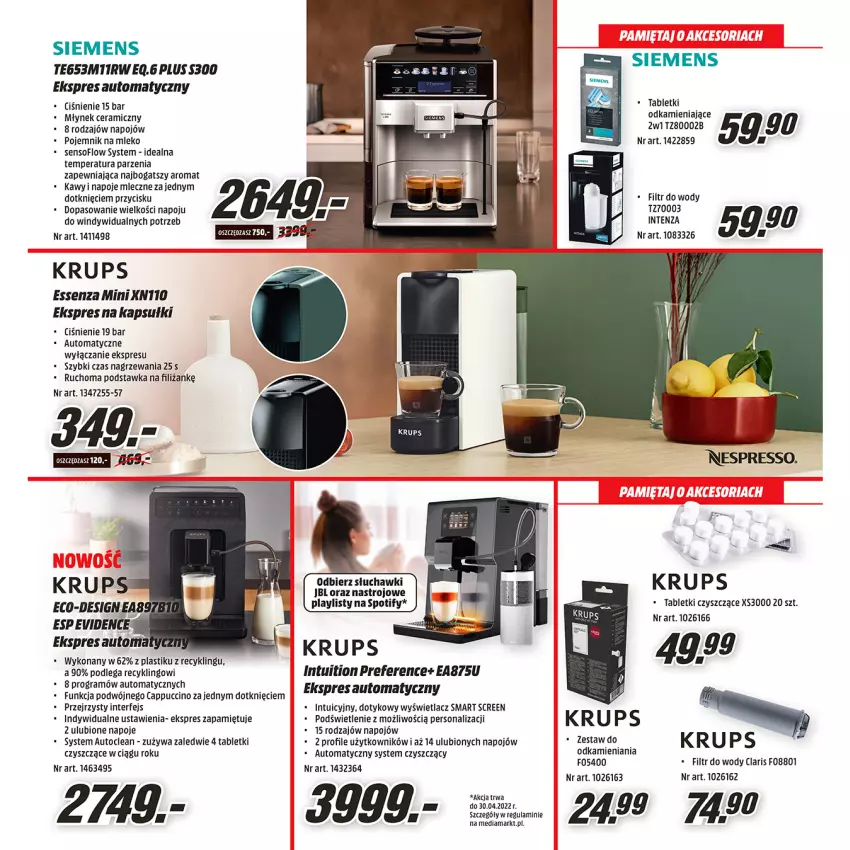 Gazetka promocyjna Media Markt - Gazetka Media Markt - ważna 08.04 do 30.04.2022 - strona 4 - produkty: Cappuccino, Gra, JBL, Krups, Mleko, Młynek, Napoje, Pojemnik, Siemens, Słuchawki, Tablet