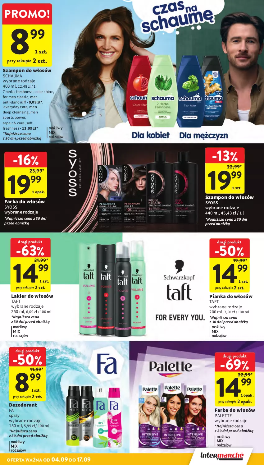 Gazetka promocyjna Intermarche - Gazetka Intermarche - ważna 04.09 do 10.09.2025 - strona 35 - produkty: Dezodorant, Fa, Farba do włosów, Lakier, Lakier do włosów, Palette, Pianka do włosów, Por, Schauma, Sport, Syoss, Szampon, Taft