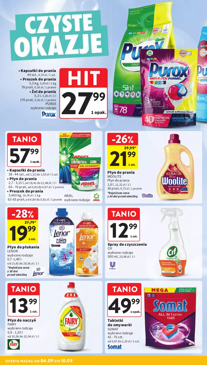 Gazetka promocyjna Intermarche - Gazetka Intermarche - ważna 04.09 do 10.09.2025 - strona 36 - produkty: Ariel, Cif, Fa, Fairy, Kapsułki do prania, Lenor, Płyn do płukania, Płyn do prania, Proszek do prania, Pur, Somat, Spray do czyszczenia, Tablet, Tabletki do zmywarki, Woolite, Zmywarki