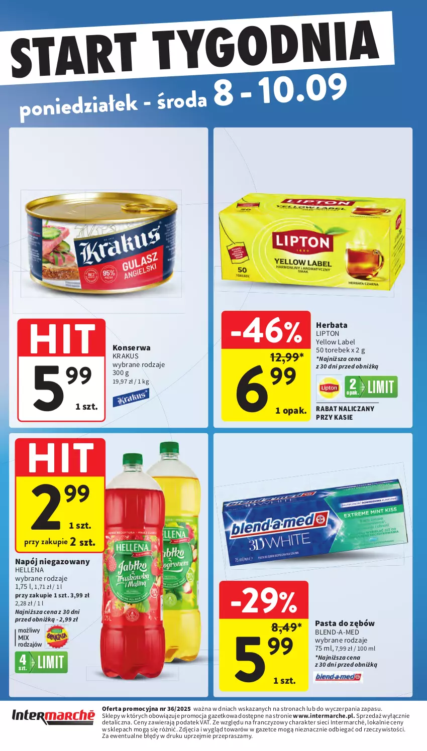 Gazetka promocyjna Intermarche - Gazetka Intermarche - ważna 04.09 do 10.09.2025 - strona 43 - produkty: Blend-a-Med, Hellena, Herbata, Krakus, Lipton, Napój, Napój niegazowany, Pasta do zębów, Ser