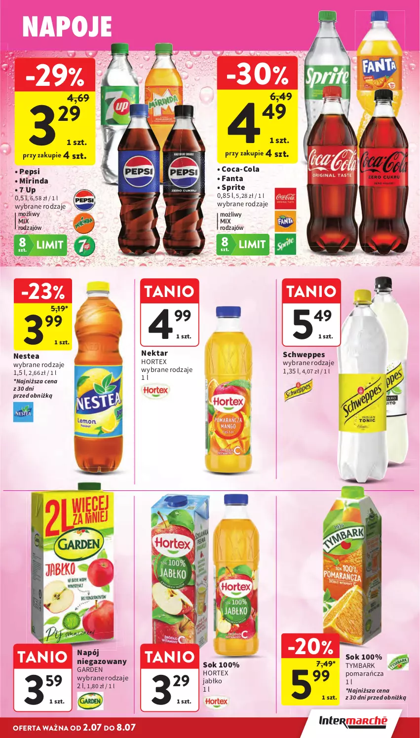 Gazetka promocyjna Intermarche - Gazetka Intermarche - ważna 02.07 do 08.07.2026 - strona 29 - produkty: Coca-Cola, Fa, Fanta, Hortex, Mirinda, Napój, Napój niegazowany, Napoje, Nektar, Nestea, Pepsi, Schweppes, Sok, Sprite, Tymbark