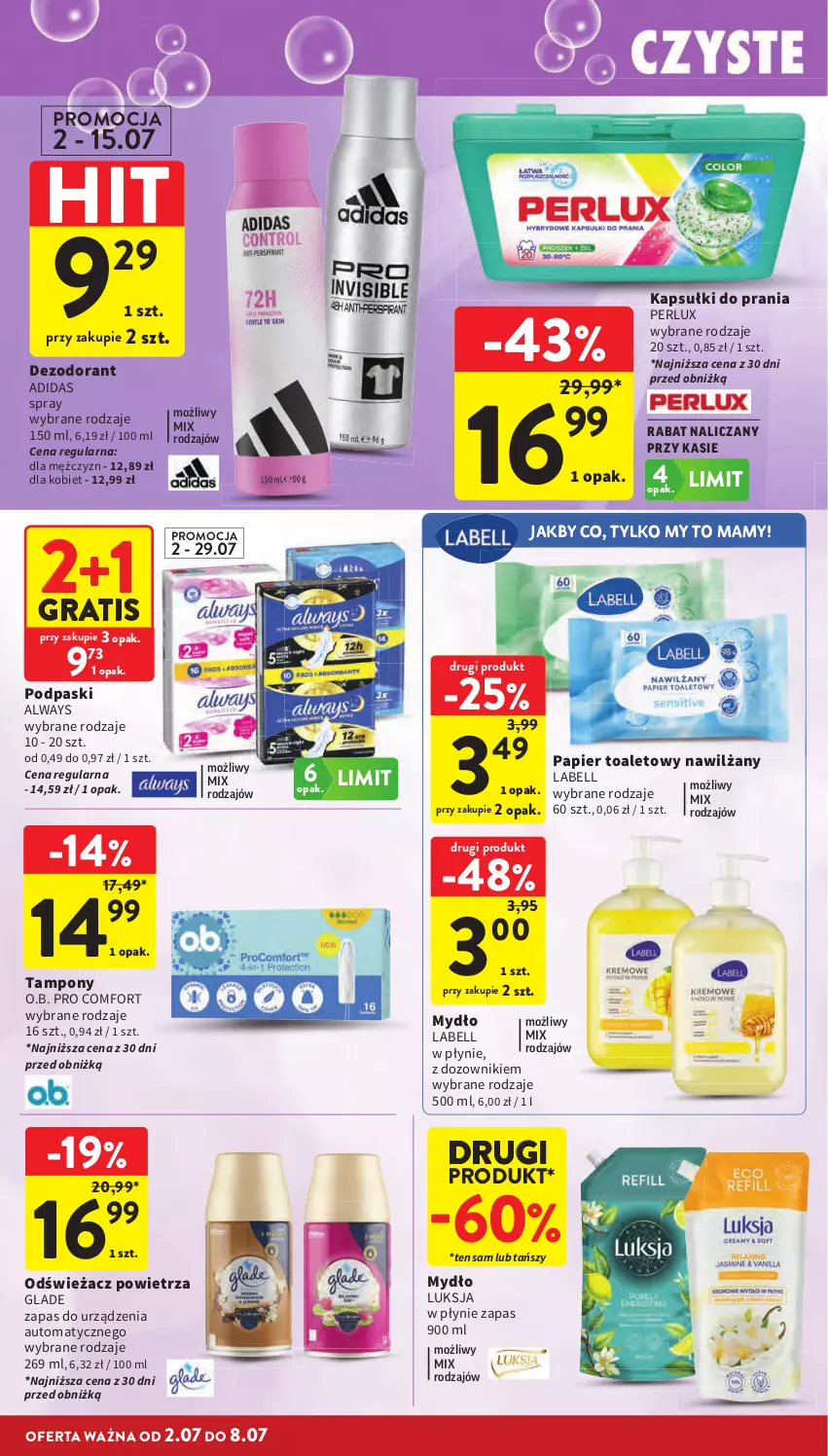 Gazetka promocyjna Intermarche - Gazetka Intermarche - ważna 02.07 do 08.07.2026 - strona 36 - produkty: Adidas, Always, Bell, Dezodorant, Dozownik, Gra, Kapsułki do prania, Luksja, Mydło, O.B., Odświeżacz powietrza, Papier, Papier toaletowy, Podpaski, Tampony