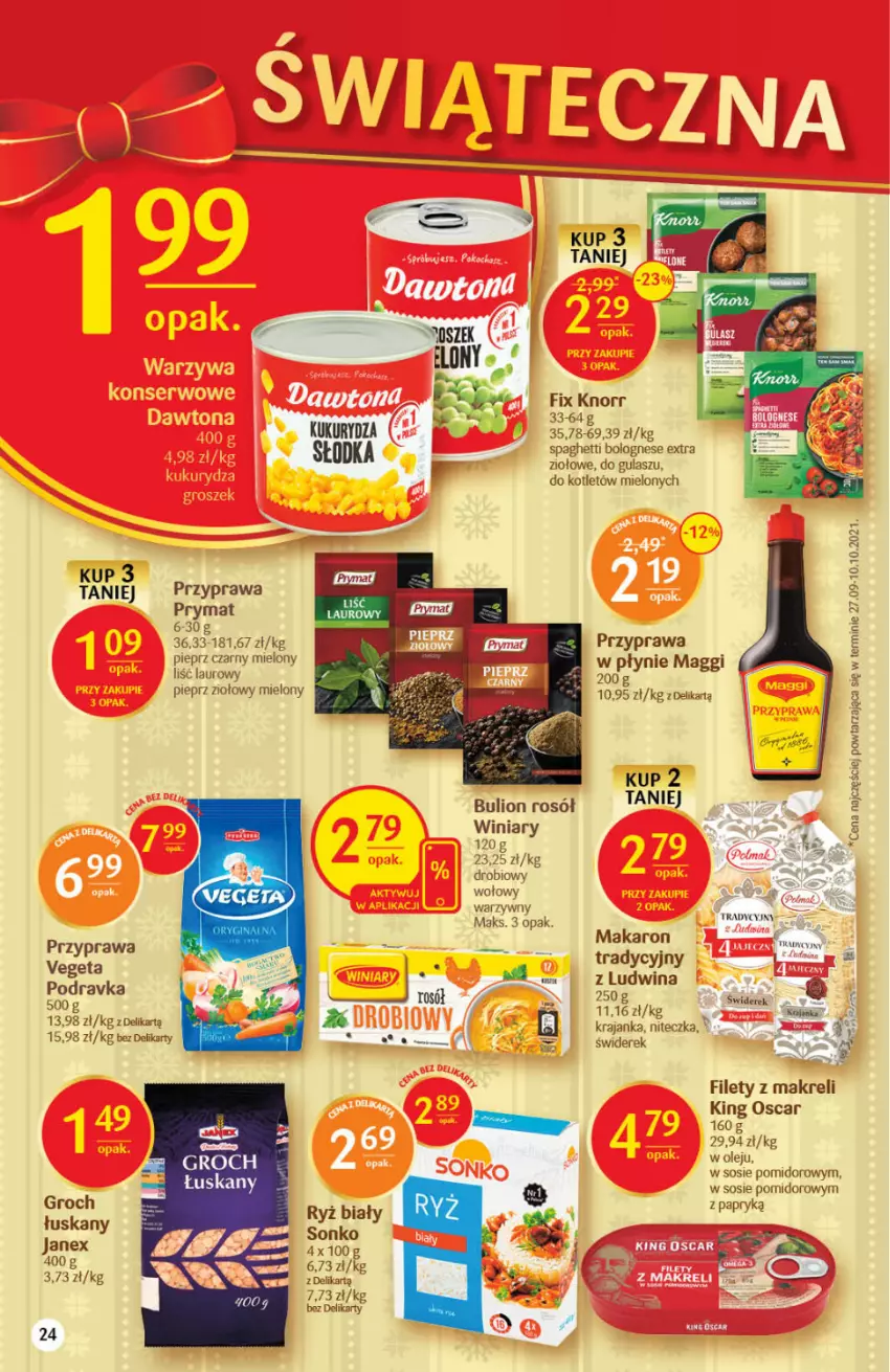 Gazetka promocyjna Delikatesy Centrum - Gazetka DC48 n. fresh - ważna 02.12 do 08.12.2021 - strona 24 - produkty: Bulion, Groch, Knorr, Kotlet, Kukurydza, Laur, Lion, Makaron, Olej, Pieprz, Podravka, Prymat, Rosół, Ryż, Ryż biały, Sonko, Sos, Spaghetti, Vegeta, Winiary