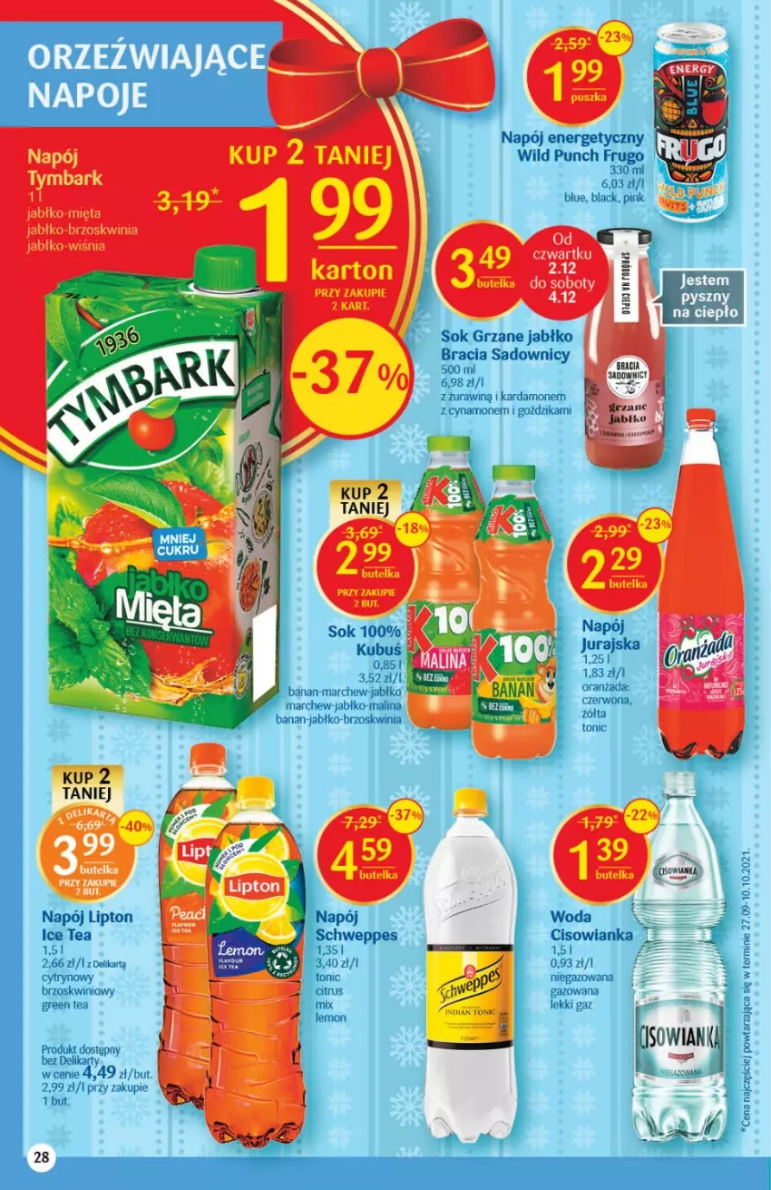 Gazetka promocyjna Delikatesy Centrum - Gazetka DC48 n. fresh - ważna 02.12 do 08.12.2021 - strona 28 - produkty: Cisowianka, Ice tea, Kubuś, Lack, Lipton, Mięta, Napój, Napój energetyczny, Oranżada, Schweppes, Sok, Tymbark, Woda