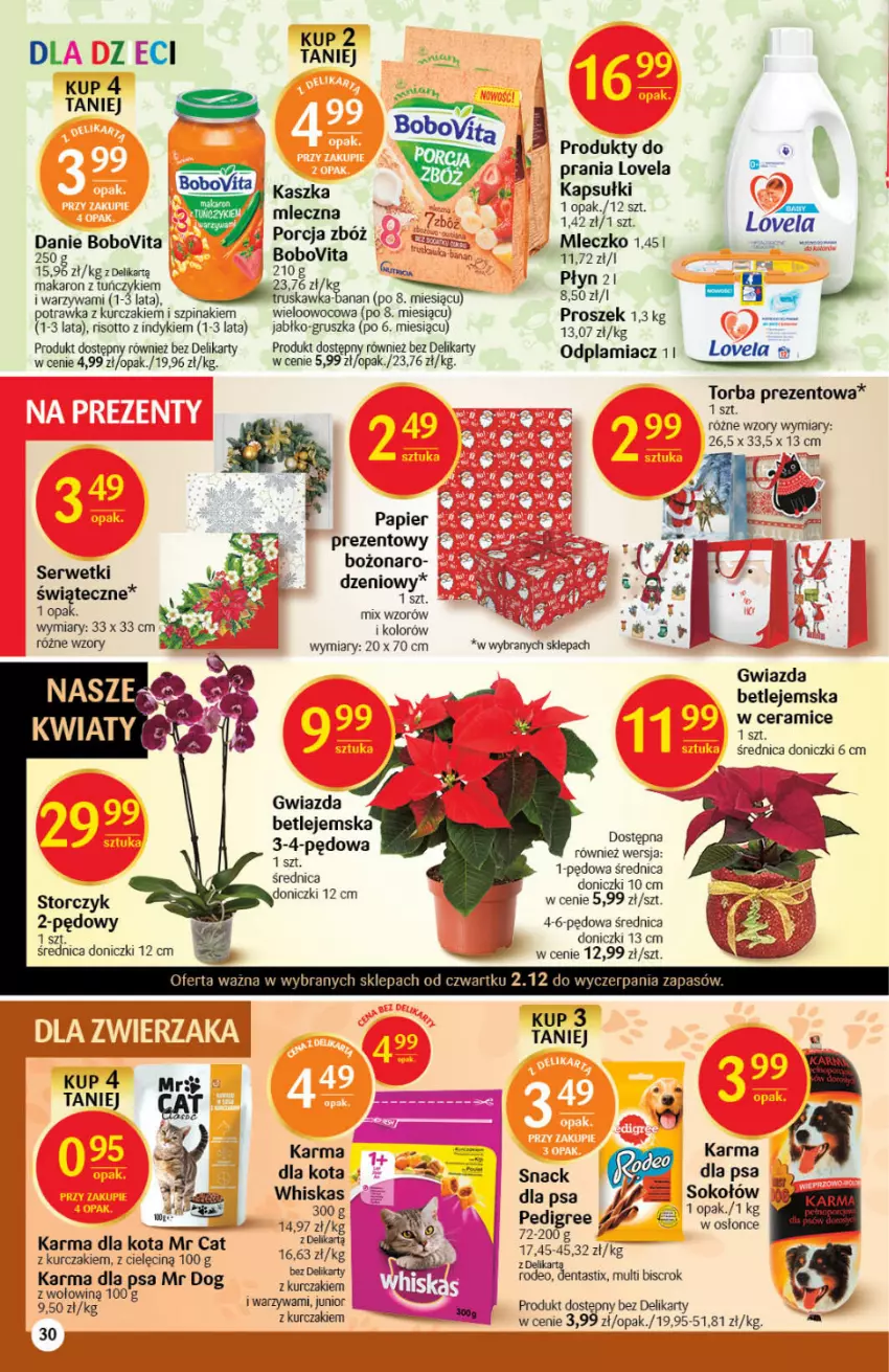 Gazetka promocyjna Delikatesy Centrum - Gazetka DC48 n. fresh - ważna 02.12 do 08.12.2021 - strona 30 - produkty: BoboVita, Gra, Gwiazda, Kurczak, Lovela, Makaron, Mleczko, Odplamiacz, Papier, Por, Ser, Serwetki, Sok, Storczyk, Szpinak, Torba, Torba prezentowa, Tuńczyk, Warzywa, Whiskas