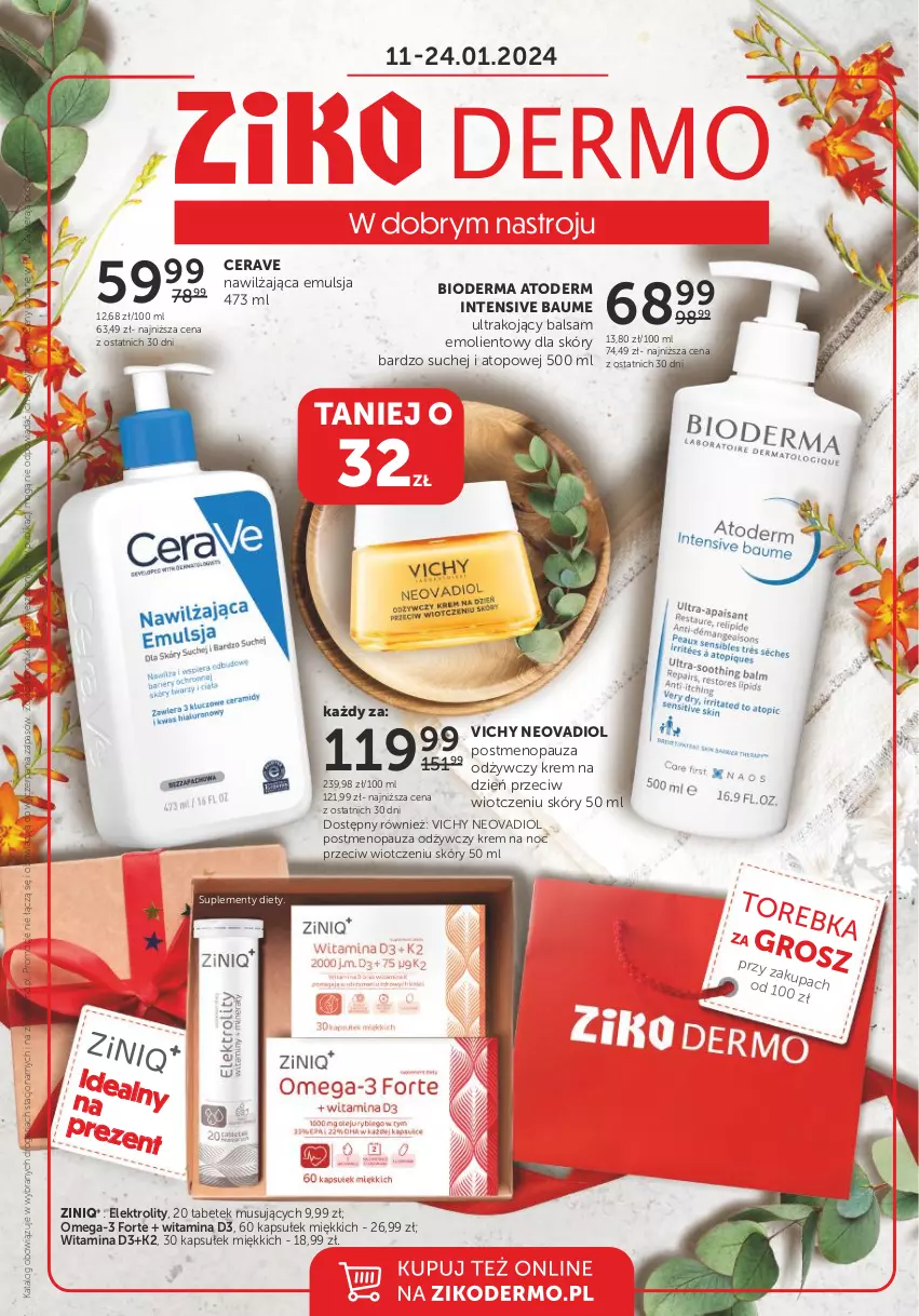 Gazetka promocyjna Ziko - Gazetka Ziko Dermo - ważna 11.01 do 24.01.2024 - strona 1 - produkty: Anew, Atoderm, Bioderma, CeraVe, Emulsja, K2, Krem na dzień, Krem na noc, Mus, Omega-3, Top, Vichy