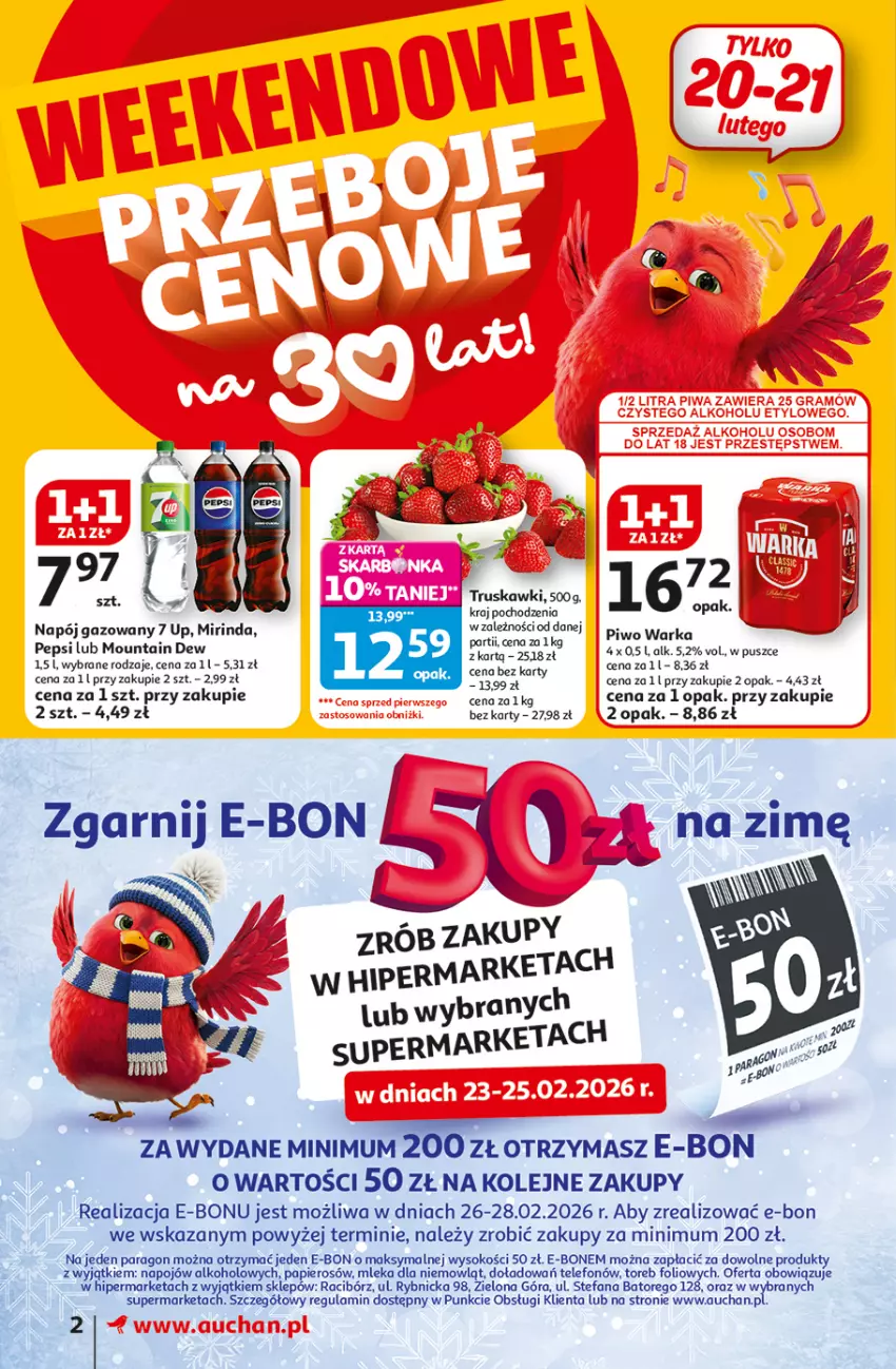 Gazetka promocyjna Auchan - Gazetka 30 Lat Supermarket Auchan - ważna 19.02 do 25.02.2026 - strona 2 - produkty: Fa, Mirinda, Napój, Napój gazowany, Olej, Pepsi, Piwo, Sok, Telefon, Truskawki, Warka