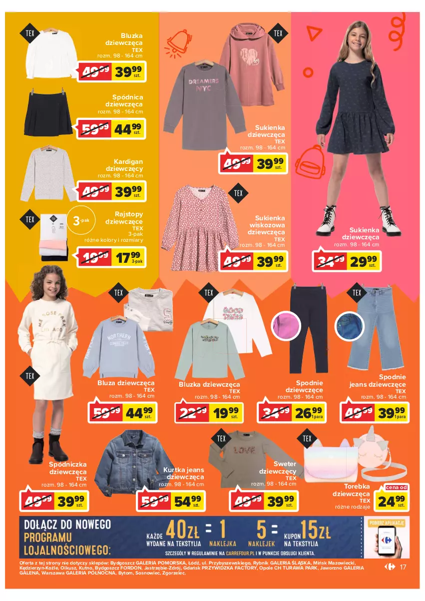 Gazetka promocyjna Carrefour - Gazetka Szkoła bycia sobą część 2 - ważna 24.08 do 10.09.2022 - strona 17 - produkty: Bluza, Fa, Kardigan, Kurtka, Rajstopy, Sos, Spódnica, Spodnie, Spodnie jeans, Sukienka, Sweter, Top, Torebka