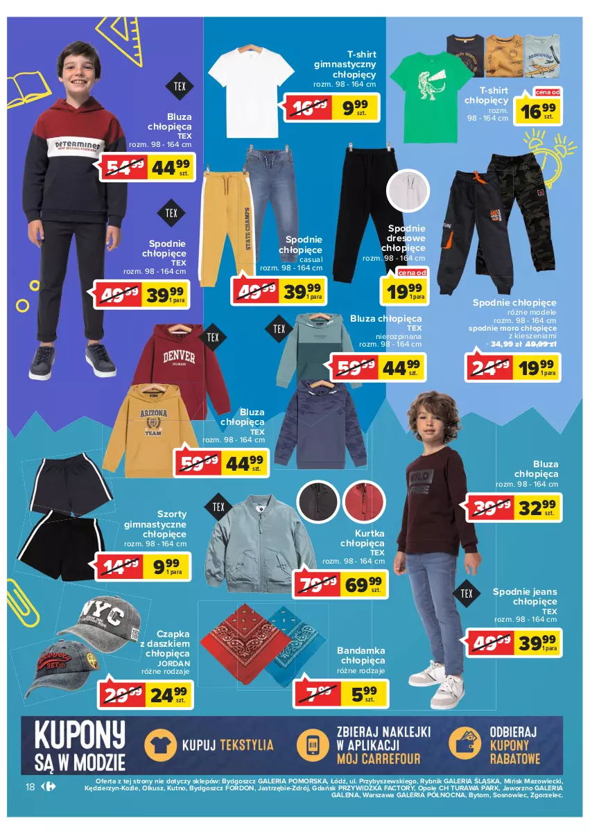 Gazetka promocyjna Carrefour - Gazetka Szkoła bycia sobą część 2 - ważna 24.08 do 10.09.2022 - strona 18 - produkty: Bluza, Czapka, Dres, Fa, Kurtka, Sos, Spodnie, Spodnie dresowe, Spodnie jeans, Szorty, T-shirt