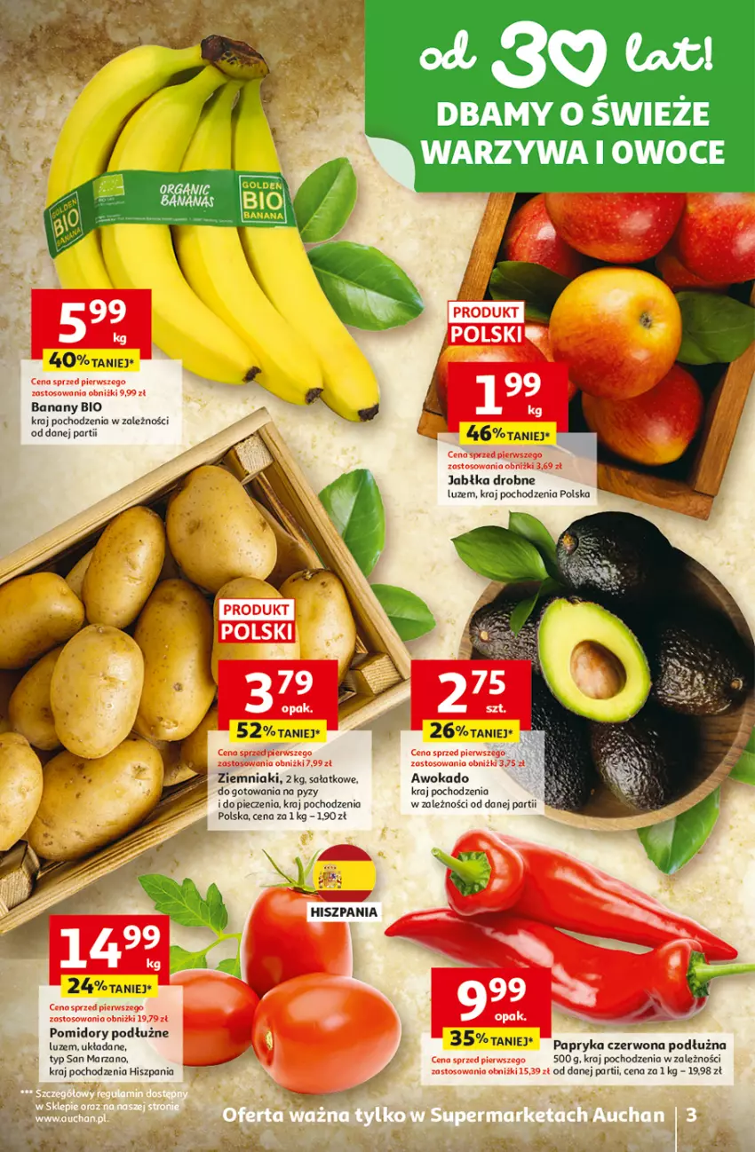 Gazetka promocyjna Auchan - Gazetka 30 Lat Supermarket Auchan - ważna 26.03 do 30.03.2026 - strona 3 - produkty: Banany, Jabłka, Owoce, Papryka, Papryka czerwona, Piec, Pomidory, Sałat, Warzywa, Warzywa i owoce, Ziemniaki