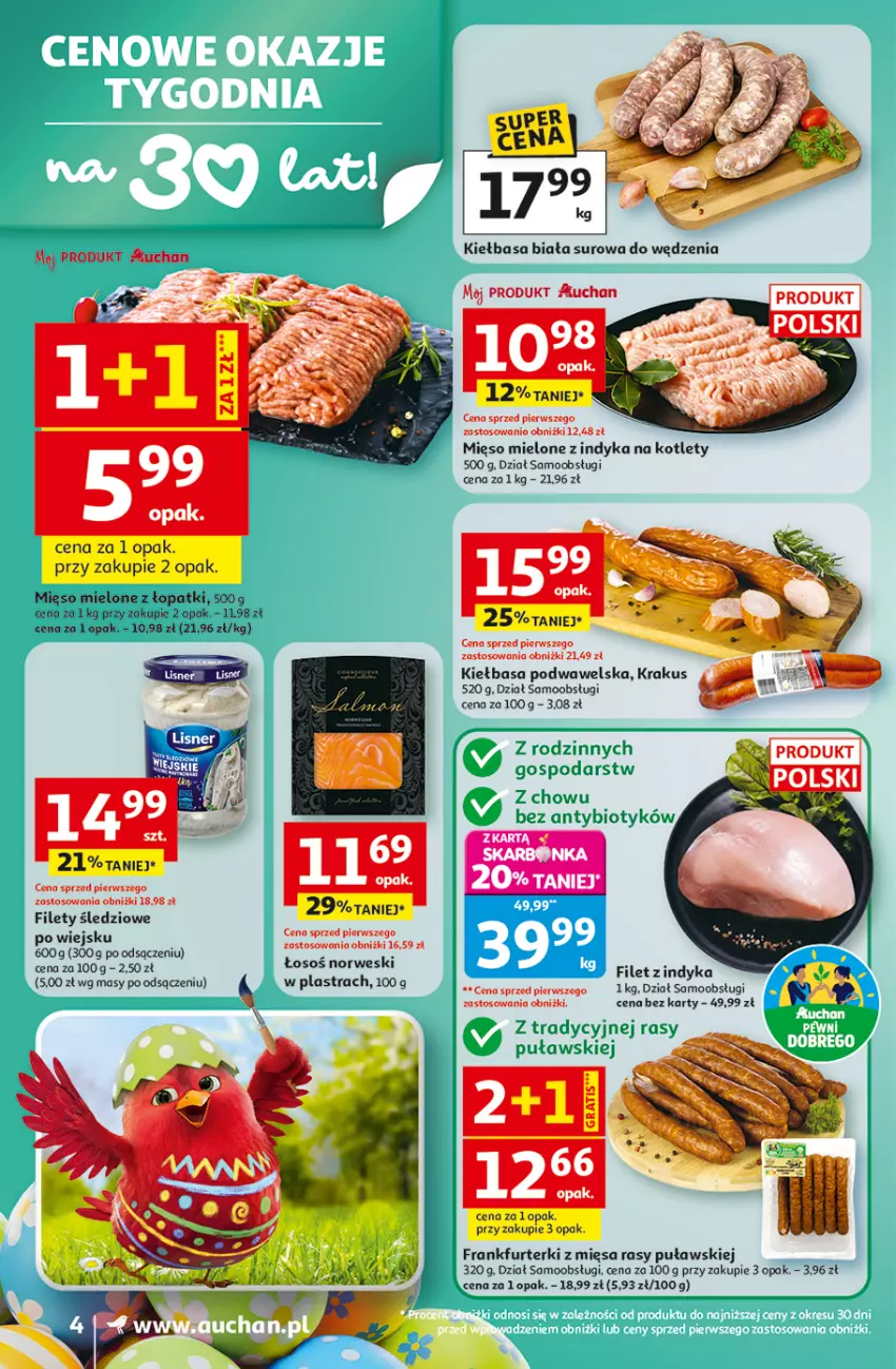 Gazetka promocyjna Auchan - Gazetka 30 Lat Supermarket Auchan - ważna 26.03 do 30.03.2026 - strona 4 - produkty: Frankfurterki, Kiełbasa, Kiełbasa biała, Kiełbasa podwawelska, Kotlet, Krakus, Mięso, Mięso mielone, Wawel