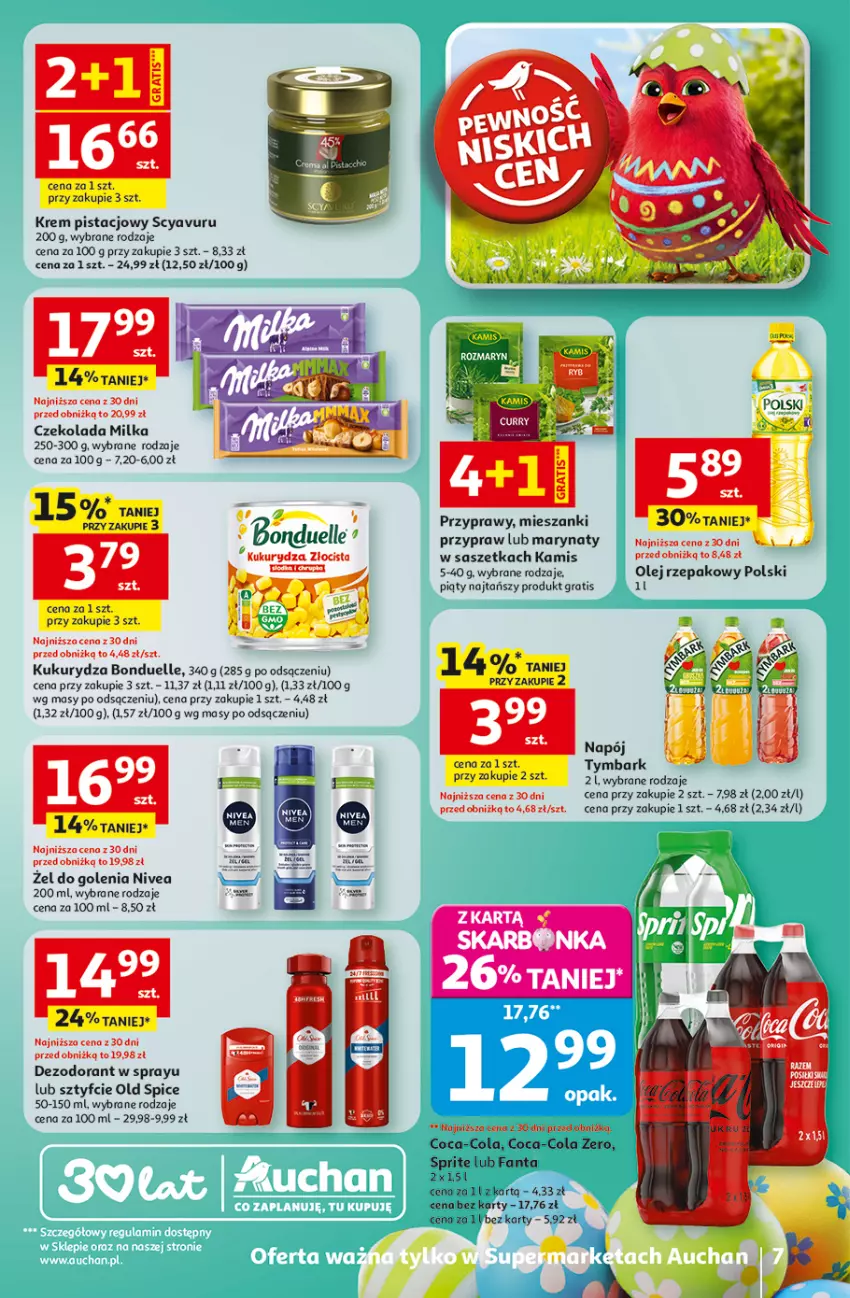 Gazetka promocyjna Auchan - Gazetka 30 Lat Supermarket Auchan - ważna 26.03 do 30.03.2026 - strona 7 - produkty: Bonduelle, Coca-Cola, Czekolada, Dezodorant, Fa, Fanta, Gra, Kamis, Krem pistacjowy, Kukurydza, Milka, Napój, Nivea, Old Spice, Olej, Olej rzepakowy, Przyprawy, Sprite, Tymbark