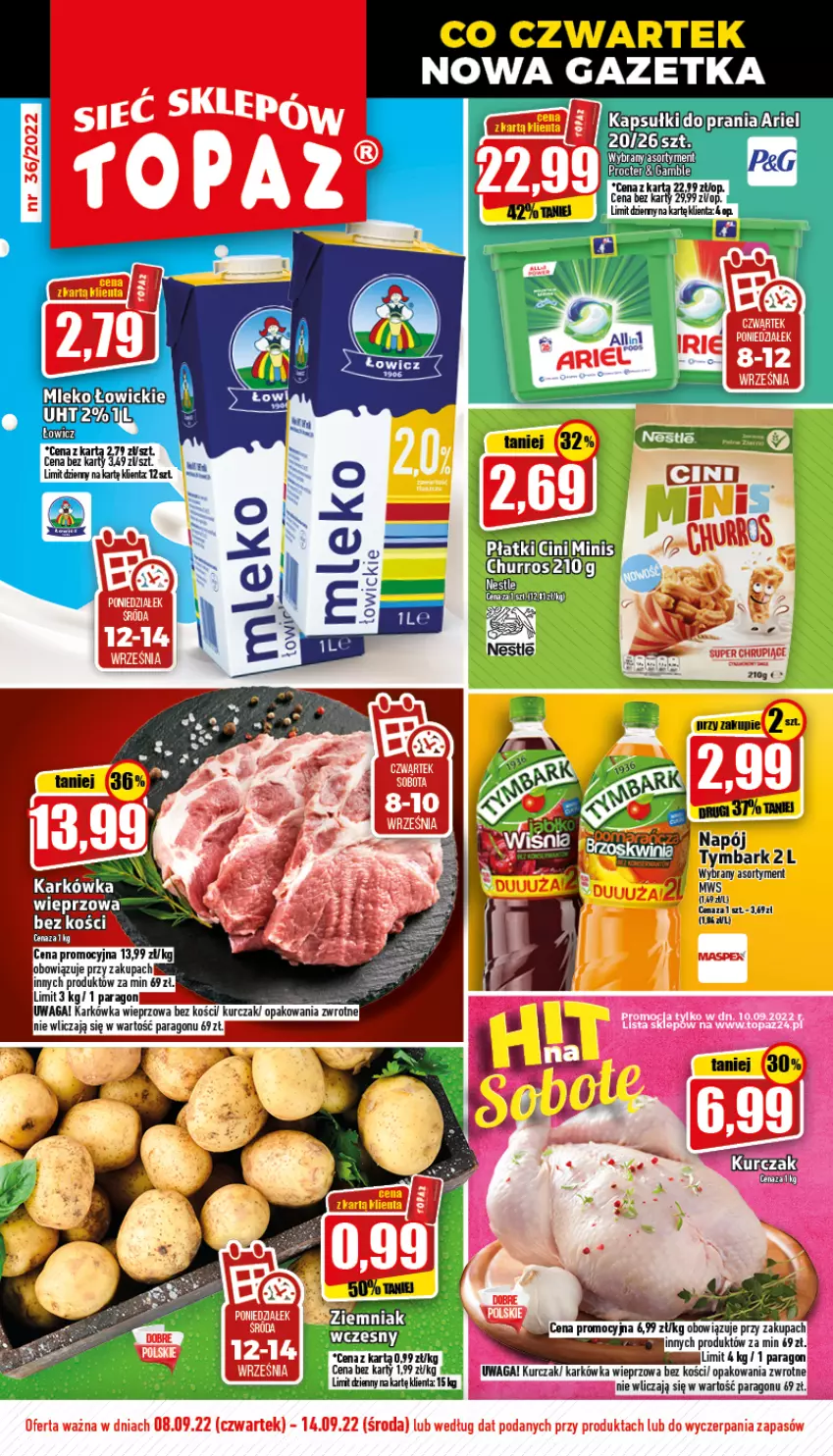 Gazetka promocyjna Topaz - Gazetka - ważna 08.09 do 14.09.2022 - strona 1 - produkty: Ariel, Karkówka wieprzowa, Kurczak, Mleko, Napój, Tymbark, Waga