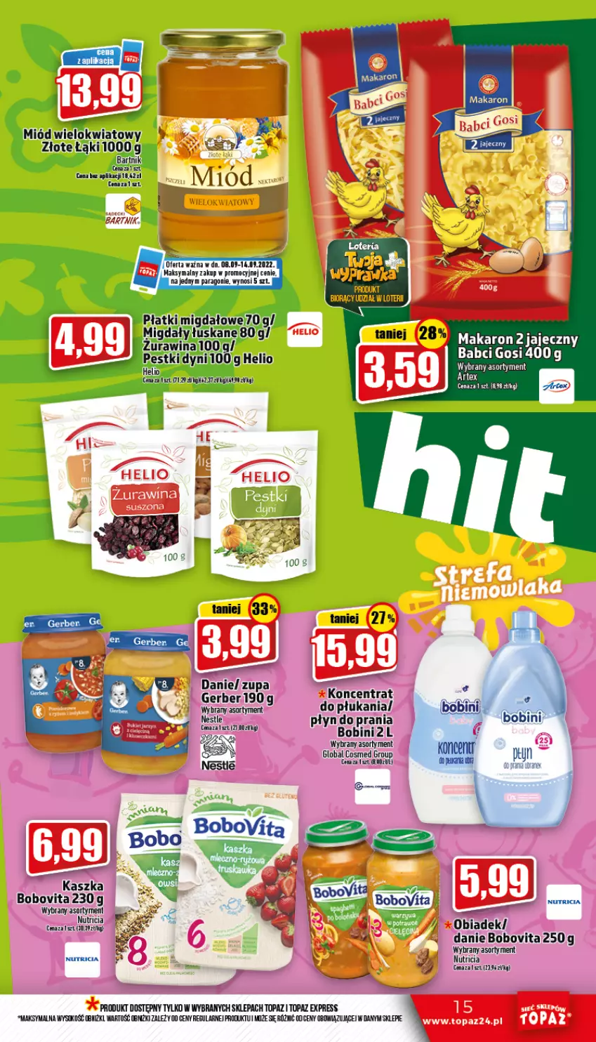 Gazetka promocyjna Topaz - Gazetka - ważna 08.09 do 14.09.2022 - strona 15 - produkty: BoboVita, Helio, Makaron, Migdały, Płyn do prania, Sok, Top