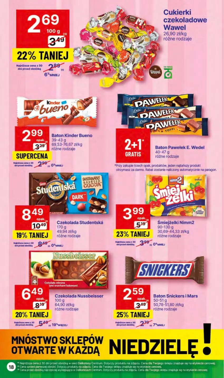 Gazetka promocyjna Delikatesy Centrum - Dyskontowe ceny w Delikatesach Centrum - ważna 04.01 do 10.01.2024 - strona 18 - produkty: Baton, Cukier, Cukierki, Cukierki czekoladowe, Czekolada, E. Wedel, Kinder, Kinder Bueno, Mars, Nimm2, Ser, Snickers, Wawel