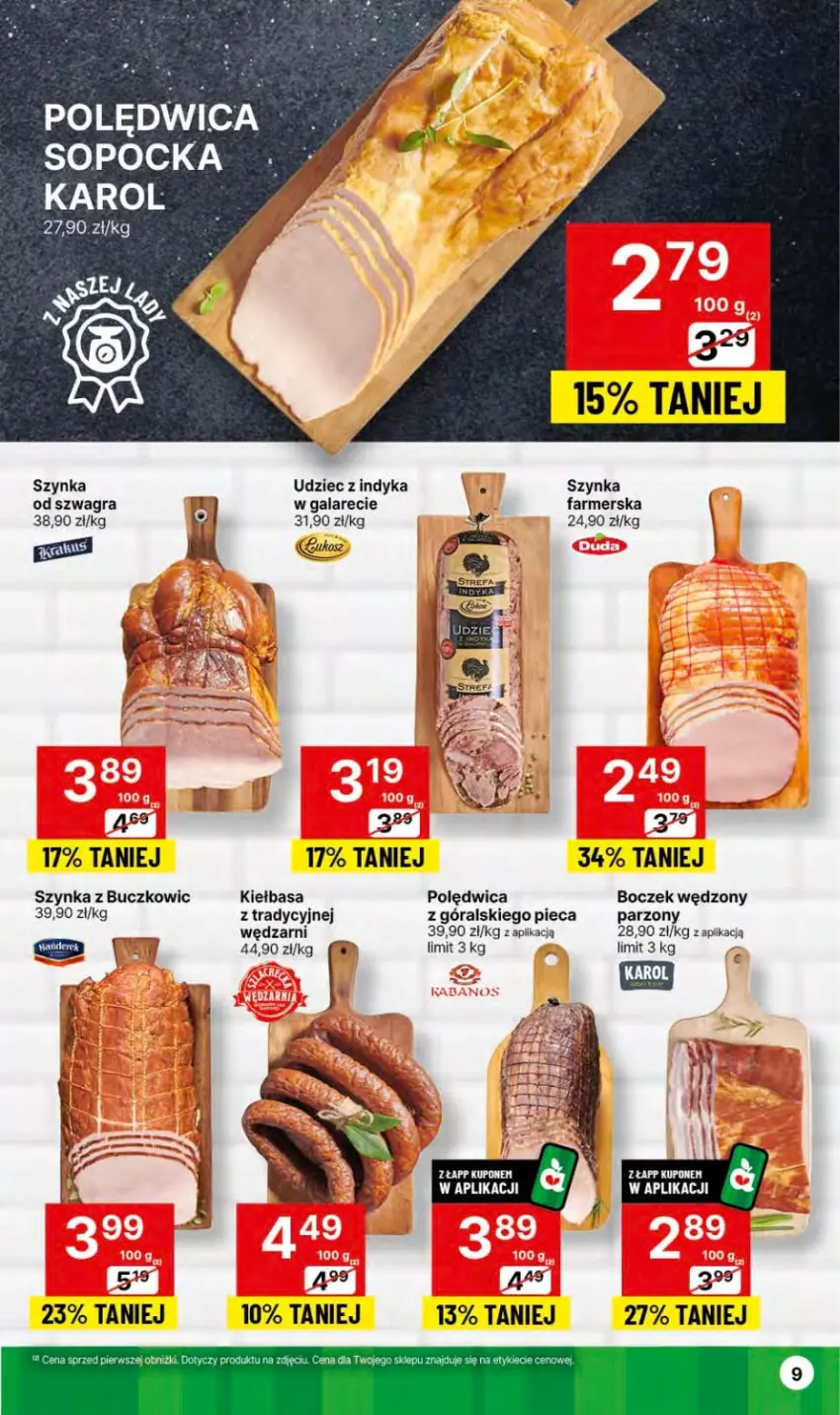 Gazetka promocyjna Delikatesy Centrum - Dyskontowe ceny w Delikatesach Centrum - ważna 04.01 do 10.01.2024 - strona 9 - produkty: Boczek, Fa, Gala, Gra, Kiełbasa, Piec, Polędwica, Szynka, Udziec z indyka