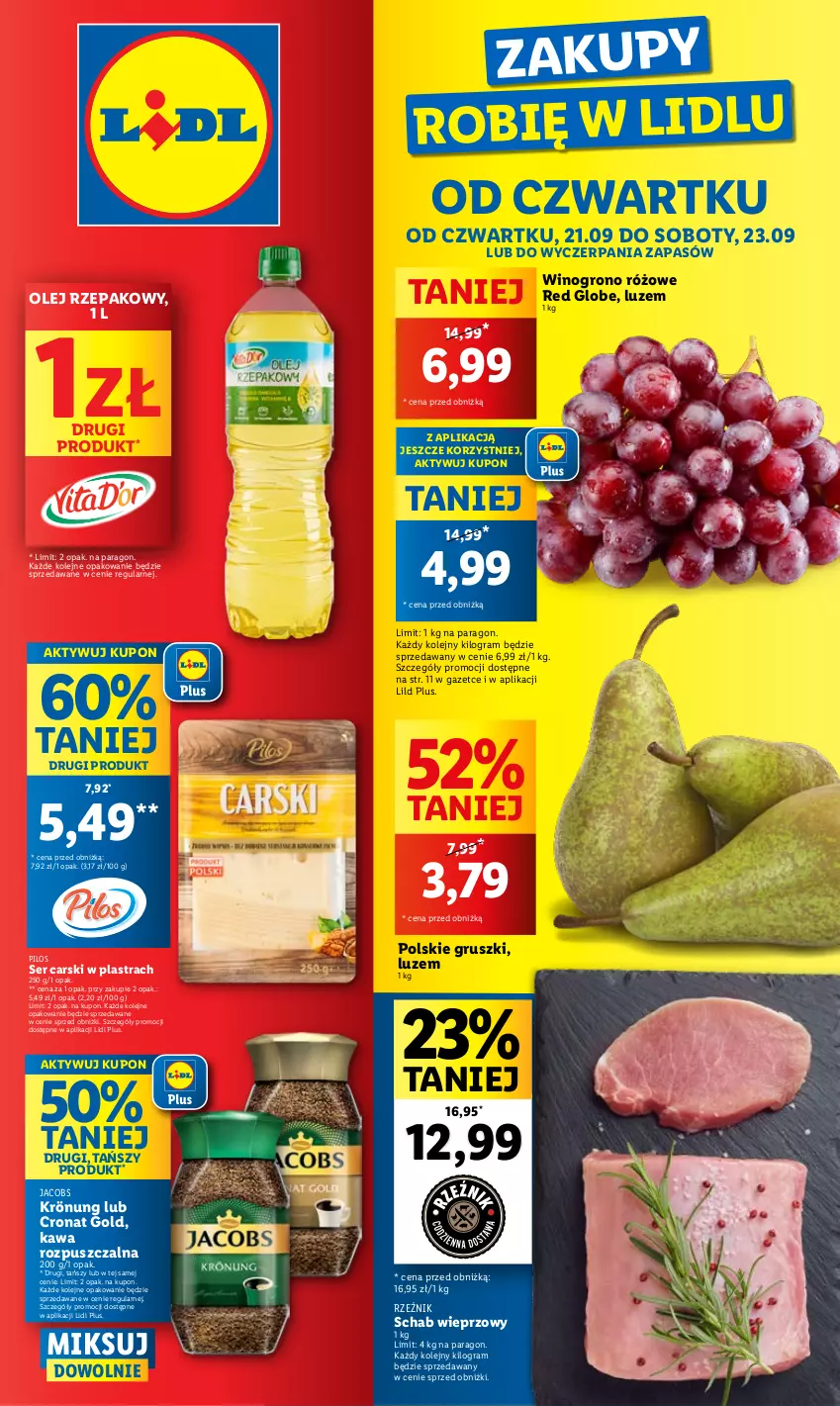 Gazetka promocyjna Lidl - GAZETKA - ważna 21.09 do 23.09.2023 - strona 1 - produkty: Cars, Gra, Gruszki, Jacobs, Jacobs Krönung, Kawa, Kawa rozpuszczalna, Olej, Olej rzepakowy, Pilos, Schab wieprzowy, Ser, Wino