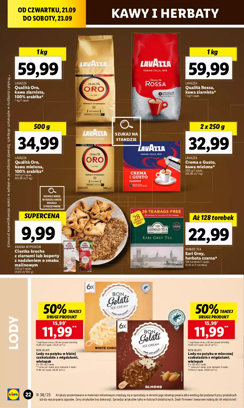 Gazetka promocyjna Lidl - GAZETKA - ważna 21.09 do 23.09.2023 - strona 32 - produkty: Ciastka, Earl Grey, Herbata, Herbata czarna, Kawa, Kawa mielona, Kawa ziarnista, Kosz, Lavazza, Lody, Piec, Regał, Torebka