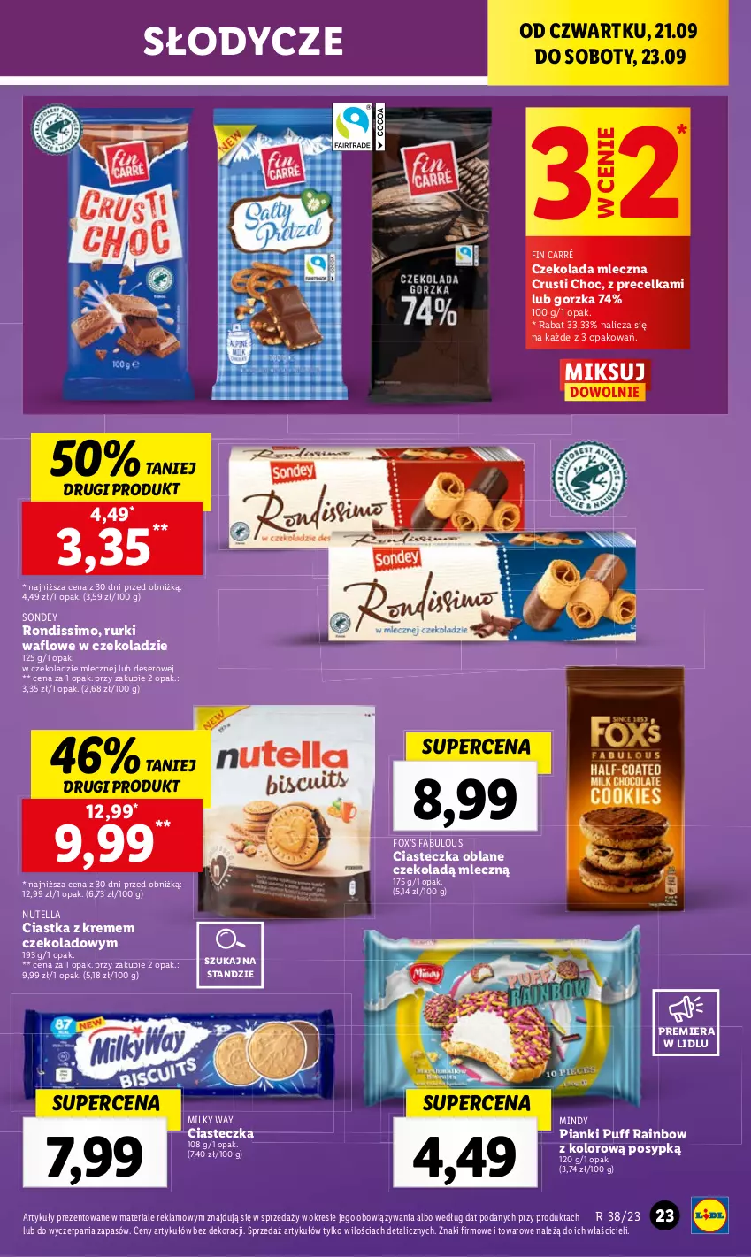 Gazetka promocyjna Lidl - GAZETKA - ważna 21.09 do 23.09.2023 - strona 33 - produkty: Ciastka, Czekolada, Czekolada mleczna, Deser, Fa, Milky Way, Nutella, Puf, Rurki, Rust, Ser