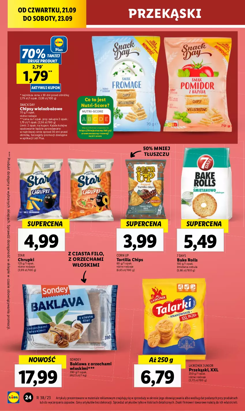 Gazetka promocyjna Lidl - GAZETKA - ważna 21.09 do 23.09.2023 - strona 34 - produkty: 7 Days, Bake Rolls, Cebula, Chipsy, Chrupki, Lajkonik, Olej, Tortilla, Tortilla Chips, Wazon