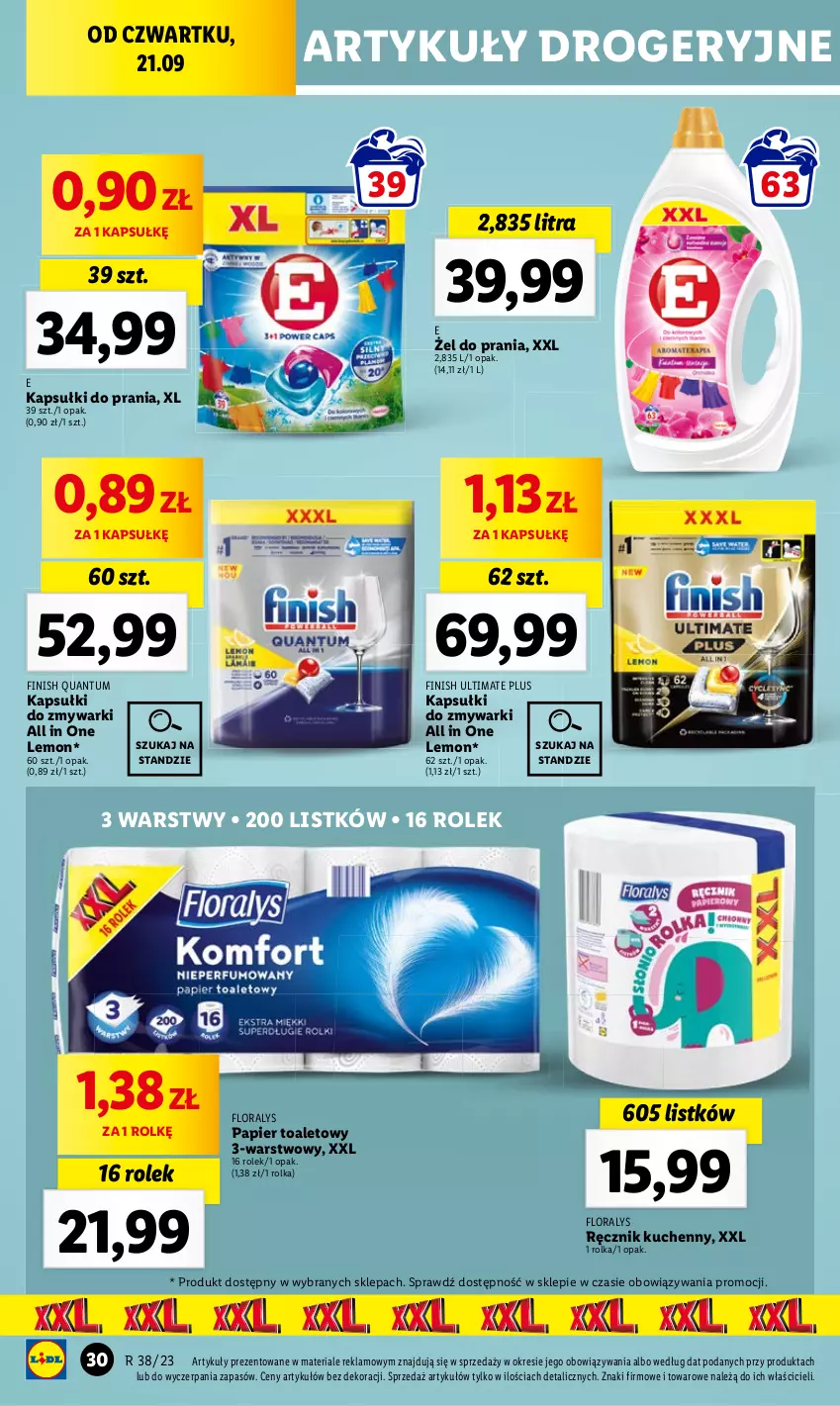 Gazetka promocyjna Lidl - GAZETKA - ważna 21.09 do 23.09.2023 - strona 42 - produkty: Finish, Flora, Kapsułki do prania, Papier, Papier toaletowy, Ręcznik, Ręcznik kuchenny, Zmywarki