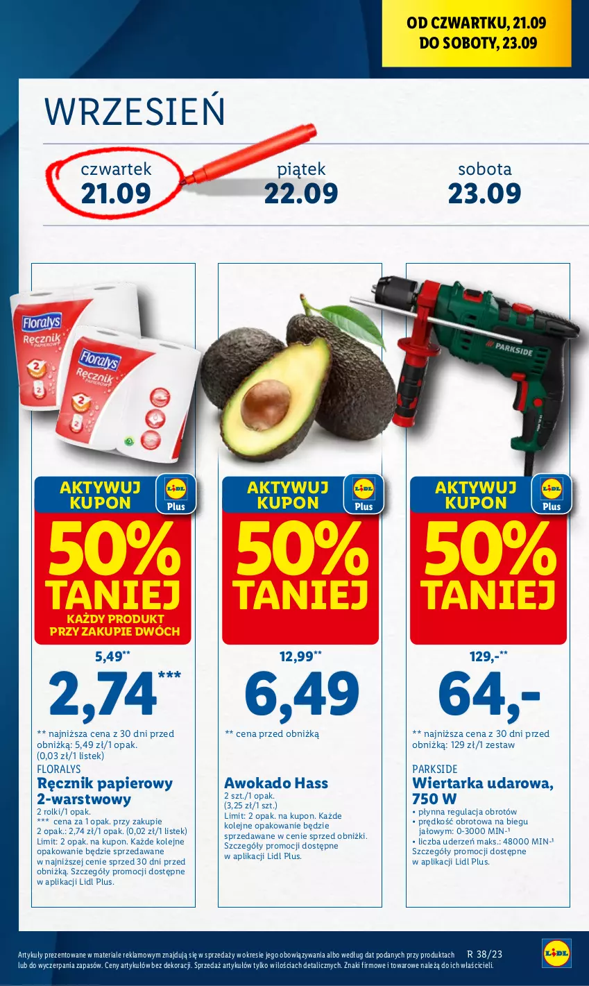 Gazetka promocyjna Lidl - GAZETKA - ważna 21.09 do 23.09.2023 - strona 5 - produkty: Flora, Olej, Papier, Parkside, Ręcznik, Rolki, Stek, Tarka, Wiertarka, Wiertarka udarowa