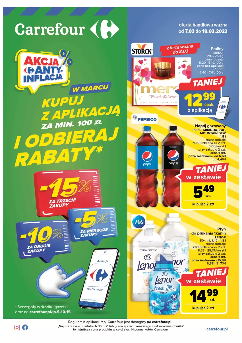 Gazetka promocyjna Carrefour - Gazetka Carrefour - ważna 07.03 do 18.03.2023 - strona 1 - produkty: 7up, Kosz, Lenor, Merci, Mirinda, Napój, Pepsi, Płyn do płukania