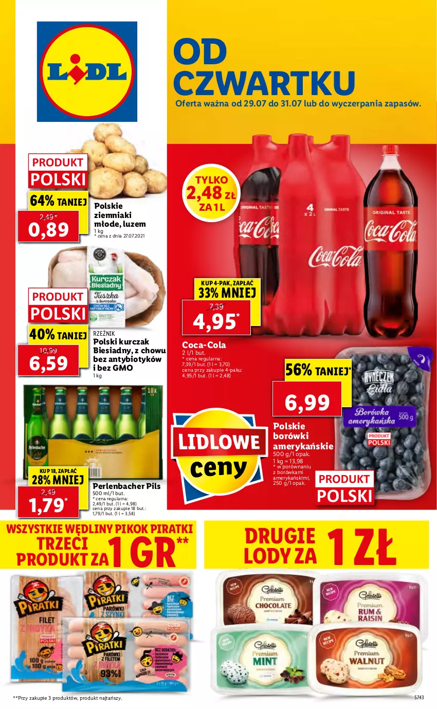 Gazetka promocyjna Lidl - GAZETKA - ważna 29.07 do 31.07.2021 - strona 1 - produkty: Borówka, Coca-Cola, Kurczak, Lody, NBA, PIKOK, Por, Ziemniaki