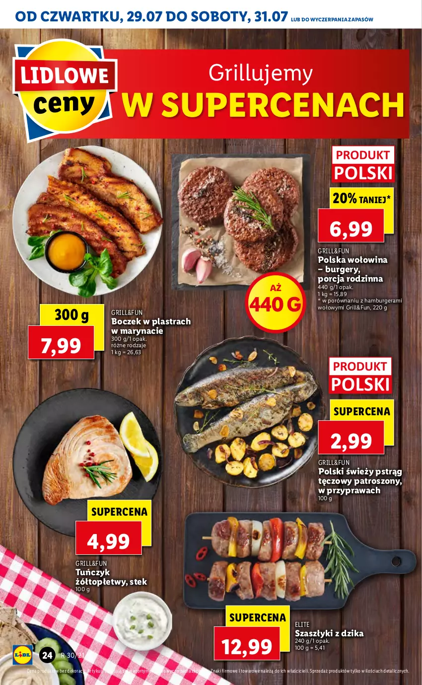 Gazetka promocyjna Lidl - GAZETKA - ważna 29.07 do 31.07.2021 - strona 24 - produkty: Boczek, Burger, Grill, Hamburger, Por, Pstrąg, Pstrąg tęczowy, Stek, Top, Tuńczyk, Wołowina