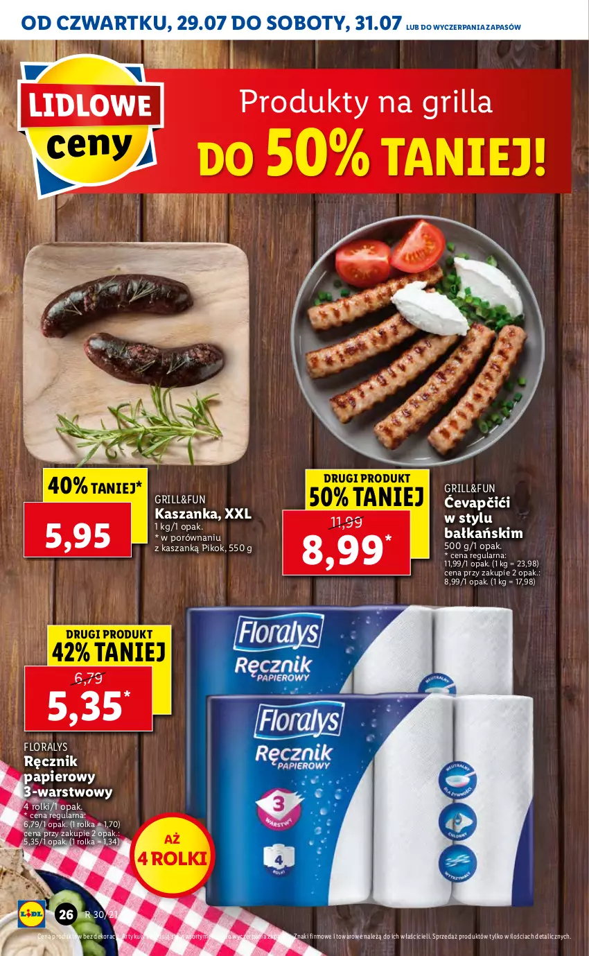 Gazetka promocyjna Lidl - GAZETKA - ważna 29.07 do 31.07.2021 - strona 26 - produkty: Flora, Grill, Kasza, Kaszanka, Papier, PIKOK, Por, Ręcznik, Rolki