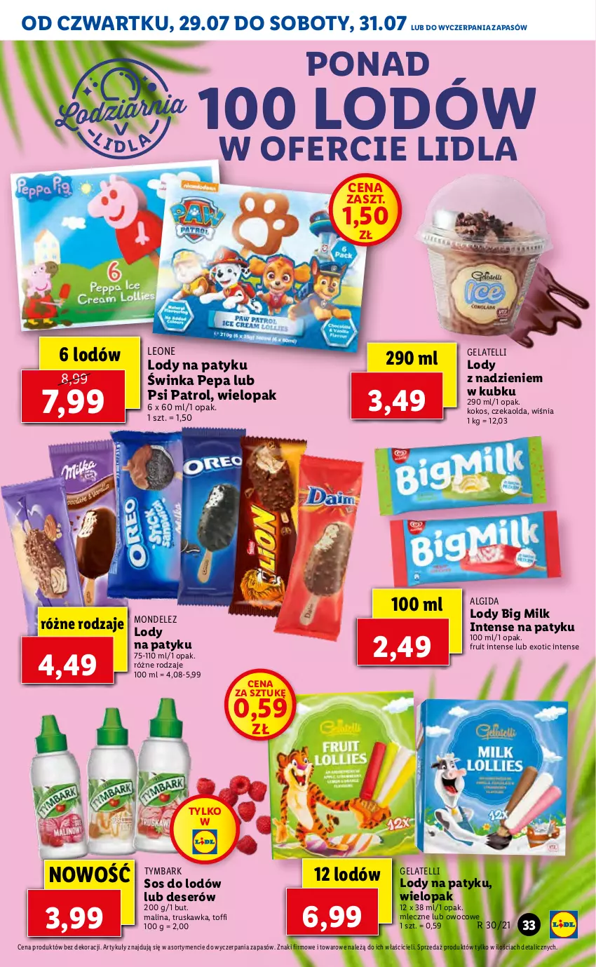 Gazetka promocyjna Lidl - GAZETKA - ważna 29.07 do 31.07.2021 - strona 33 - produkty: Algida, Big Milk, Deser, Inka, Kokos, Leon, LG, Lody, Psi Patrol, Ser, Sos, Tymbark