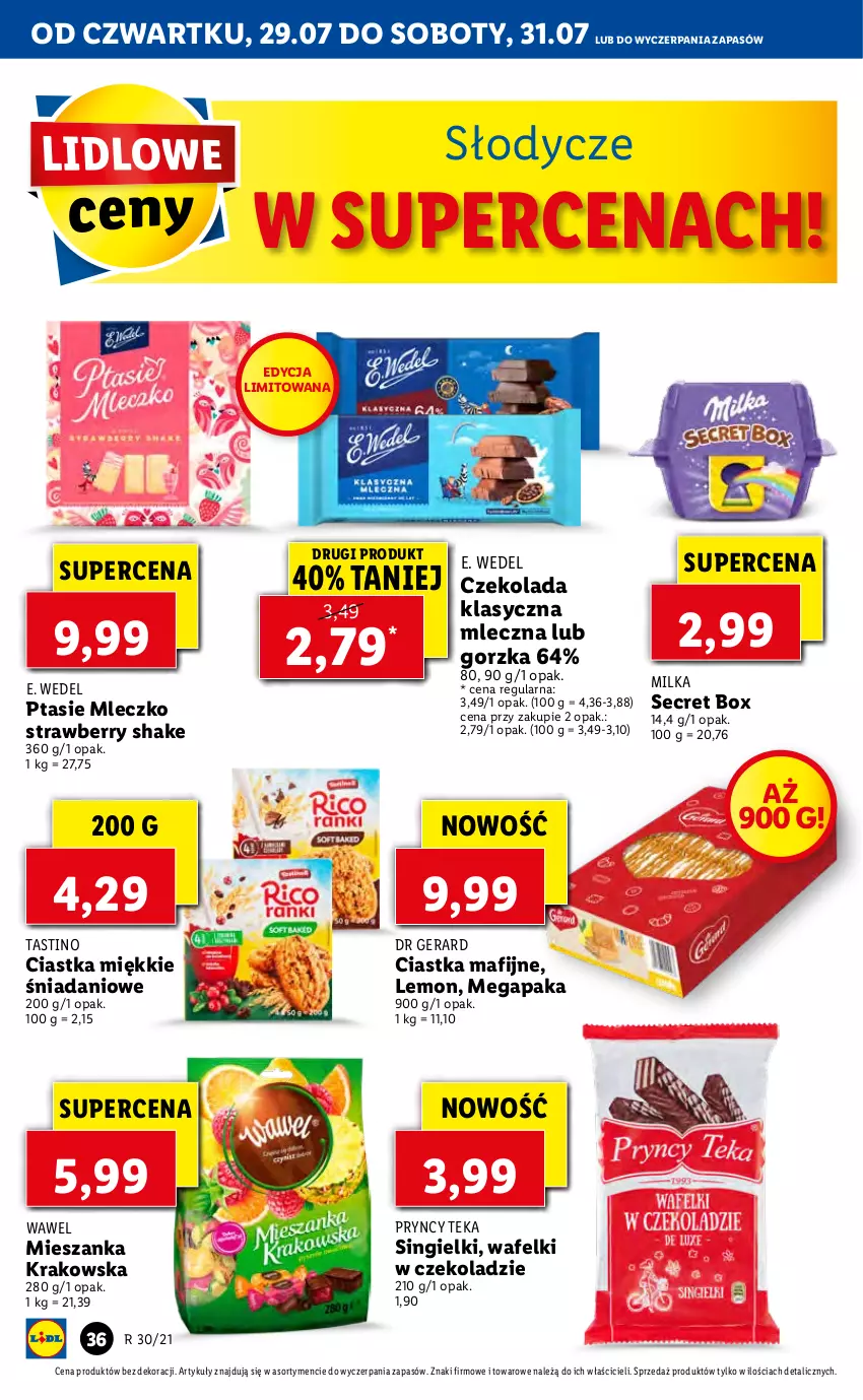 Gazetka promocyjna Lidl - GAZETKA - ważna 29.07 do 31.07.2021 - strona 36 - produkty: Ciastka, Czekolada, Danio, Dr Gerard, E. Wedel, Milka, Mleczko, Ptasie mleczko, Wawel