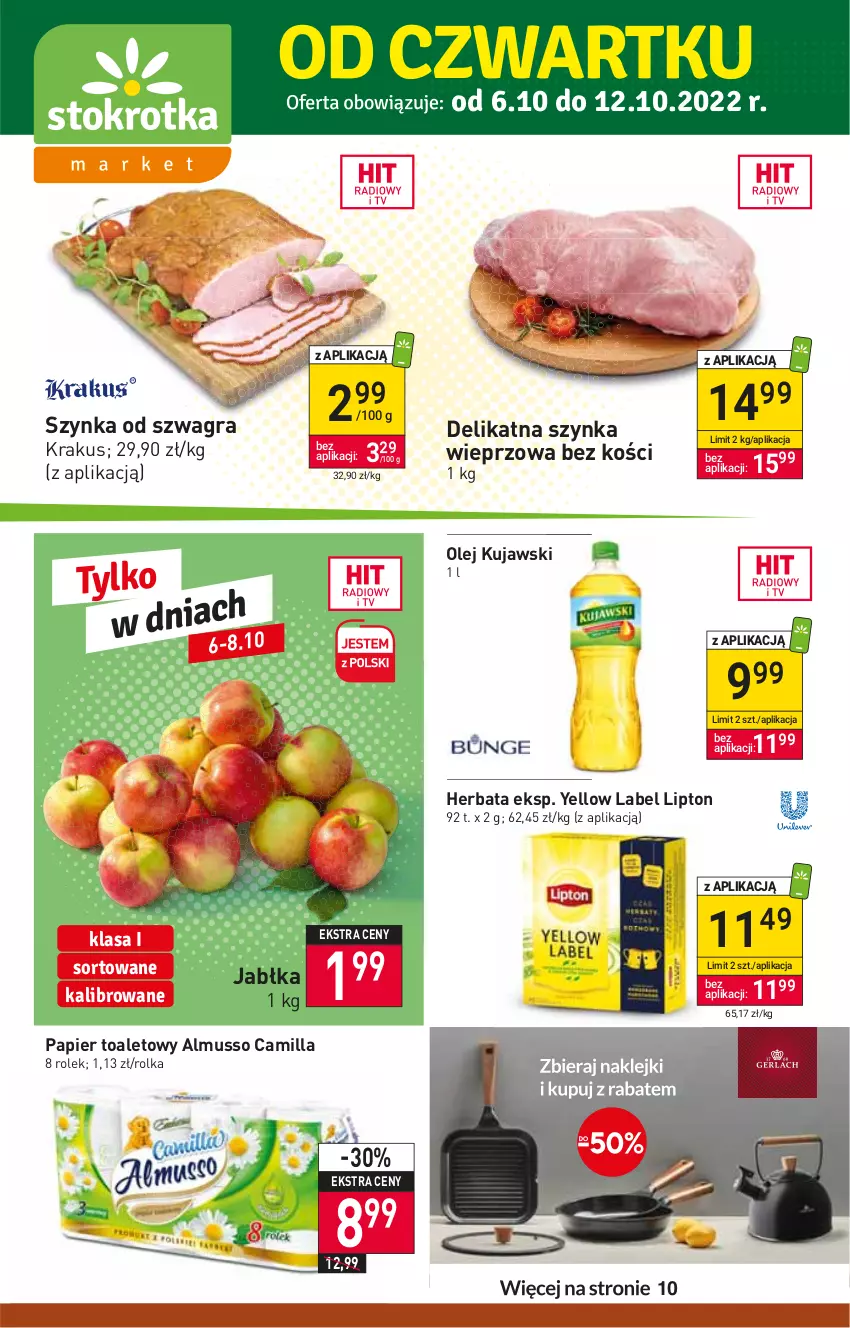 Gazetka promocyjna Stokrotka - Market - ważna 06.10 do 12.10.2022 - strona 1 - produkty: Gra, Herbata, Jabłka, Krakus, Kujawski, Lipton, Mus, Olej, Papier, Papier toaletowy, Szynka, Szynka wieprzowa