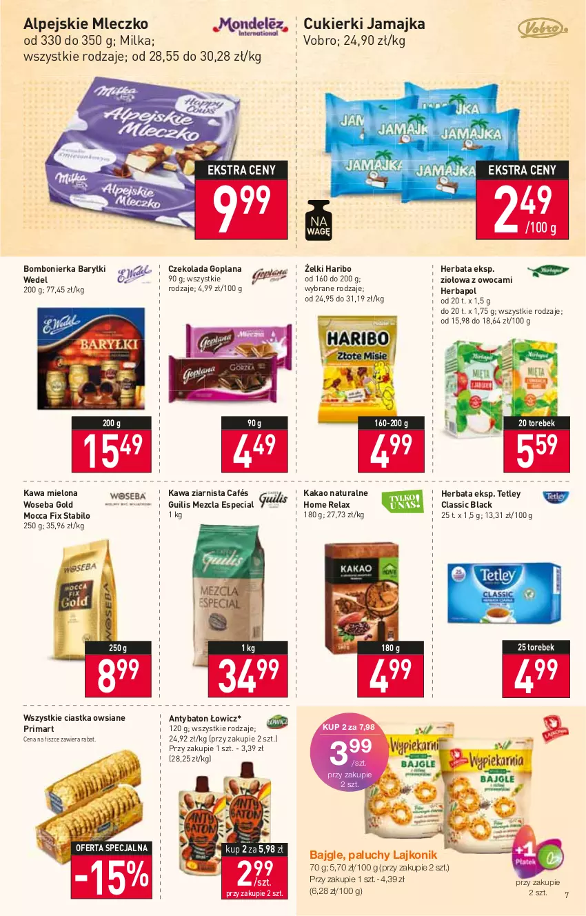 Gazetka promocyjna Stokrotka - Market - ważna 06.10 do 12.10.2022 - strona 7 - produkty: Bajgle, Baryłki, Baton, Ciastka, Ciastka owsiane, Cukier, Cukierki, Czekolada, Goplana, Haribo, Herbapol, Herbata, Kakao, Kawa, Kawa mielona, Kawa ziarnista, Lack, Lajkonik, LANA, Milka, Mleczko, Prima, Tetley, Woseba