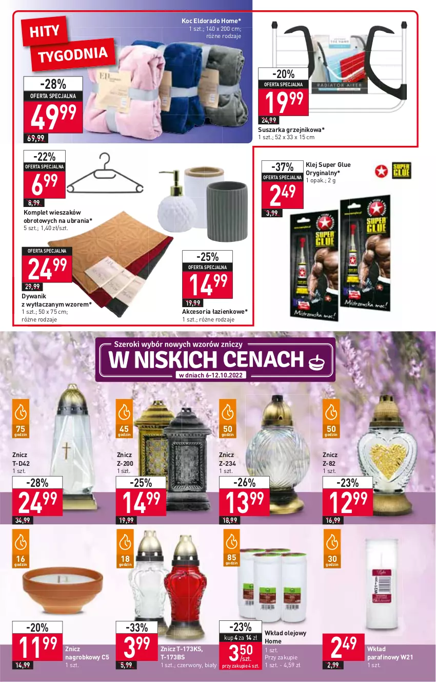 Gazetka promocyjna Stokrotka - Market - ważna 06.10 do 12.10.2022 - strona 8 - produkty: Dywan, Dywanik, Gin, Grzejnik, Klej, Koc, Olej, Suszarka, Ubrania, Wieszak, Wkład olejowy, Znicz