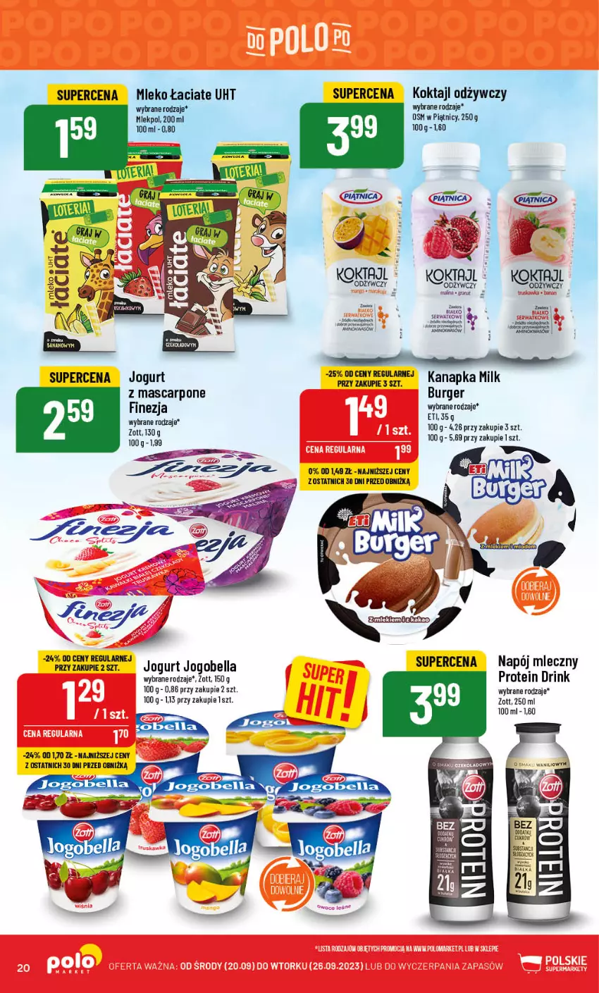 Gazetka promocyjna PoloMarket - Gazetka pomocyjna - ważna 20.09 do 26.09.2023 - strona 20 - produkty: Bell, Bella, Burger, Jogobella, Jogurt, Mascarpone, Mleko, Napój, Napój mleczny, Piątnica, Zott