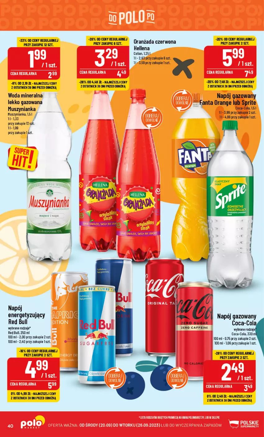 Gazetka promocyjna PoloMarket - Gazetka pomocyjna - ważna 20.09 do 26.09.2023 - strona 40 - produkty: Coca-Cola, Fa, Fanta, Hellena, Magnez, Mus, Muszynianka, Napój, Napój gazowany, Oranżada, Red Bull, Sprite, Woda, Woda mineralna