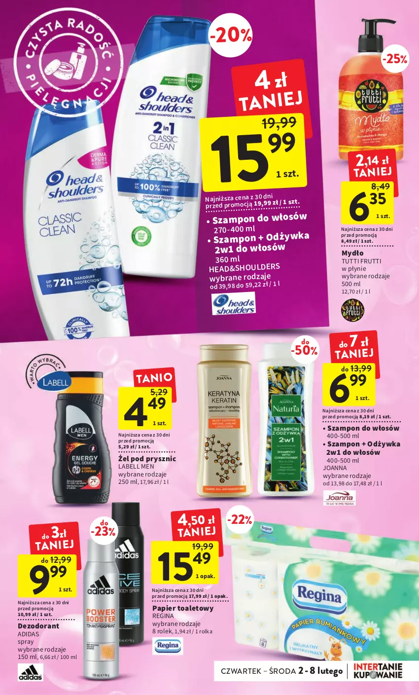 Gazetka promocyjna Intermarche - Gazetka Intermarche - ważna 02.02 do 08.02.2023 - strona 33 - produkty: Adidas, Bell, Dezodorant, Gin, Joanna, Mydło, Odżywka, Papier, Papier toaletowy, Szampon