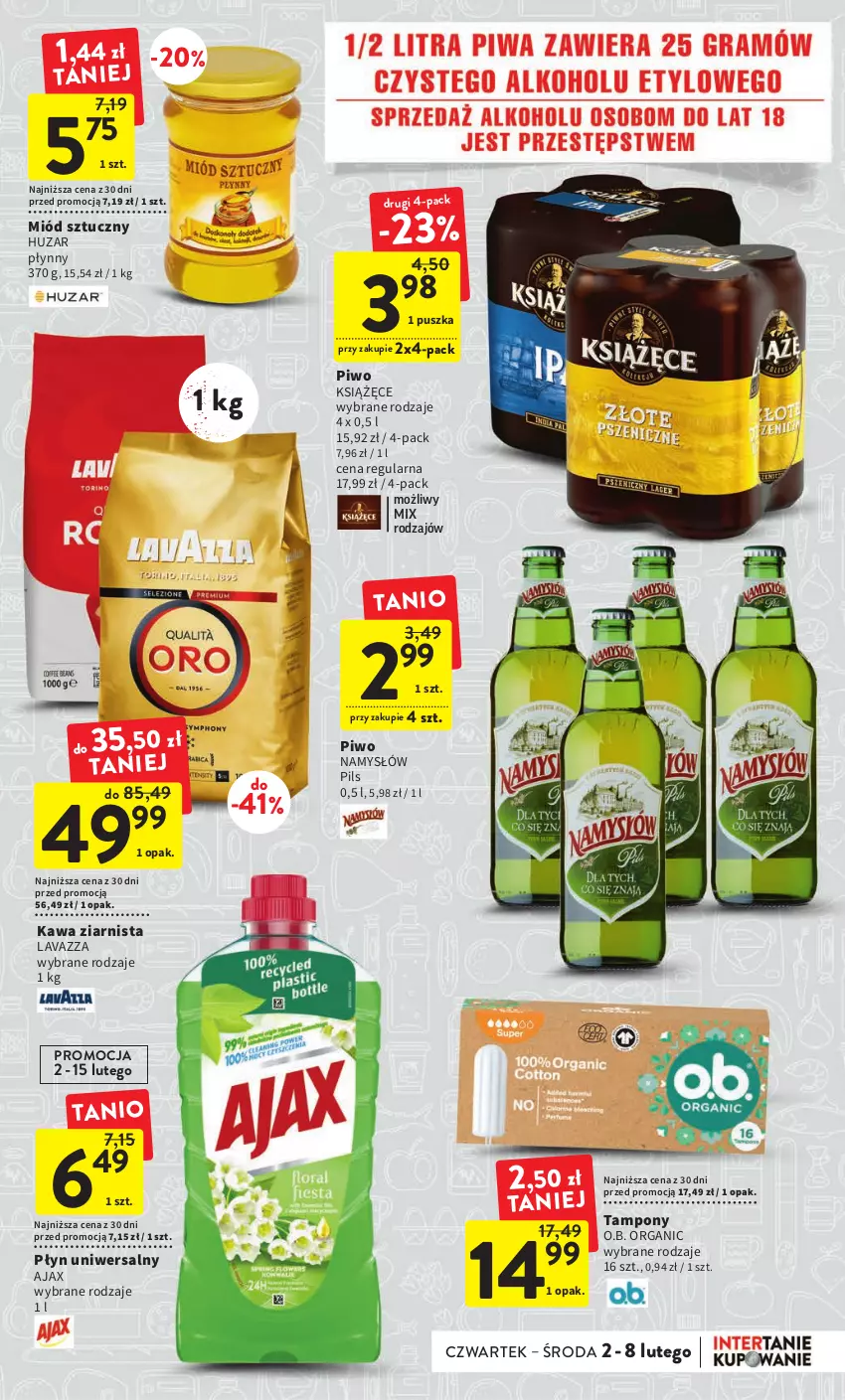 Gazetka promocyjna Intermarche - Gazetka Intermarche - ważna 02.02 do 08.02.2023 - strona 9 - produkty: Ajax, Kawa, Kawa ziarnista, Książęce, Lavazza, Miód, Namysłów, O.B., Piwo, Tampony