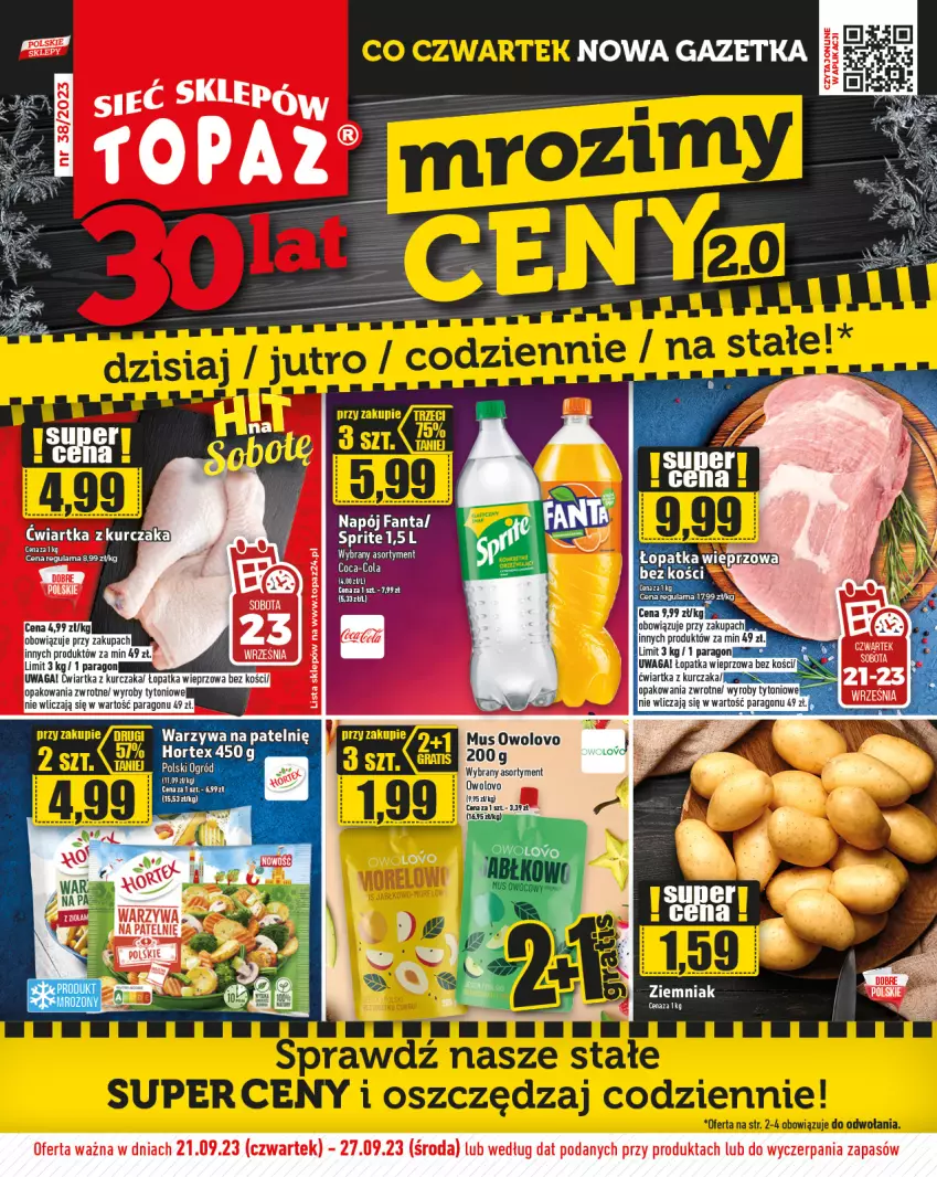 Gazetka promocyjna Topaz - Gazetka - ważna 21.09 do 27.09.2023 - strona 1 - produkty: Fa, Fanta, Kurczak, Mus, Napój, Sprite, Top, Waga