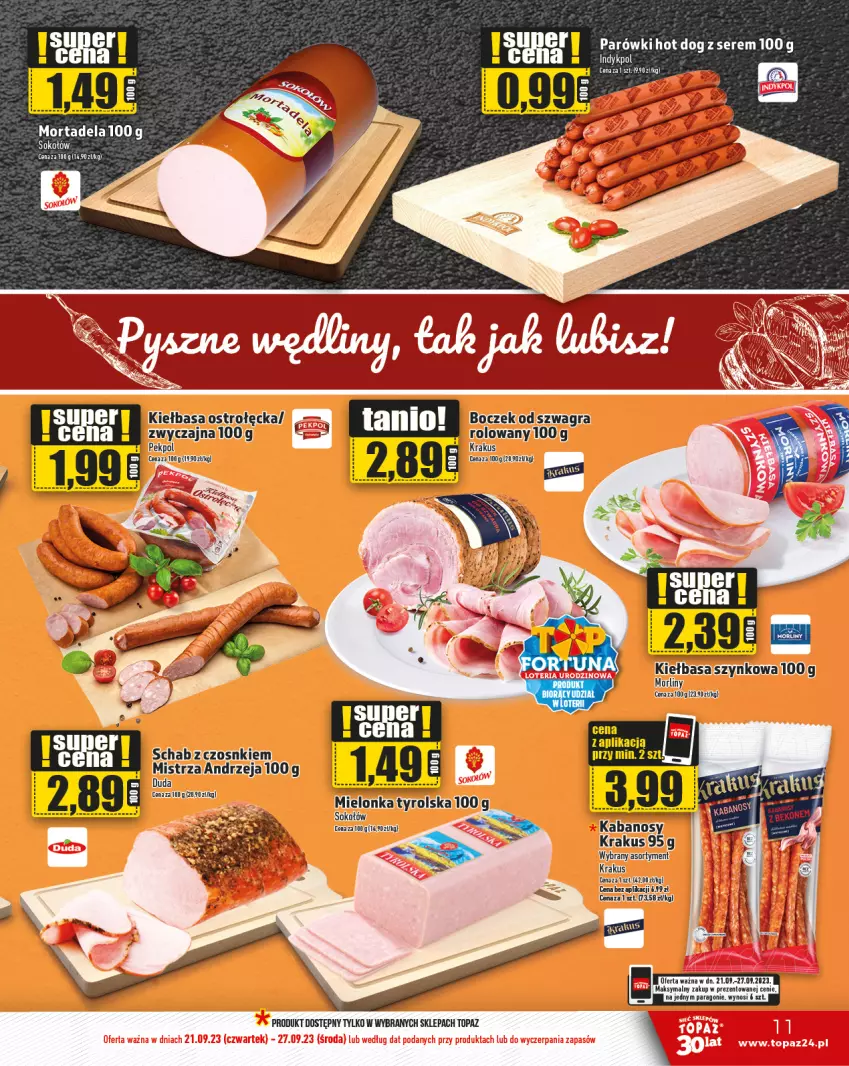 Gazetka promocyjna Topaz - Gazetka - ważna 21.09 do 27.09.2023 - strona 11 - produkty: Boczek, Duda, Gra, Kabanos, Kiełbasa, Krakus, Mielonka tyrolska, Morliny, Pekpol, Sok, Sokołów, Top