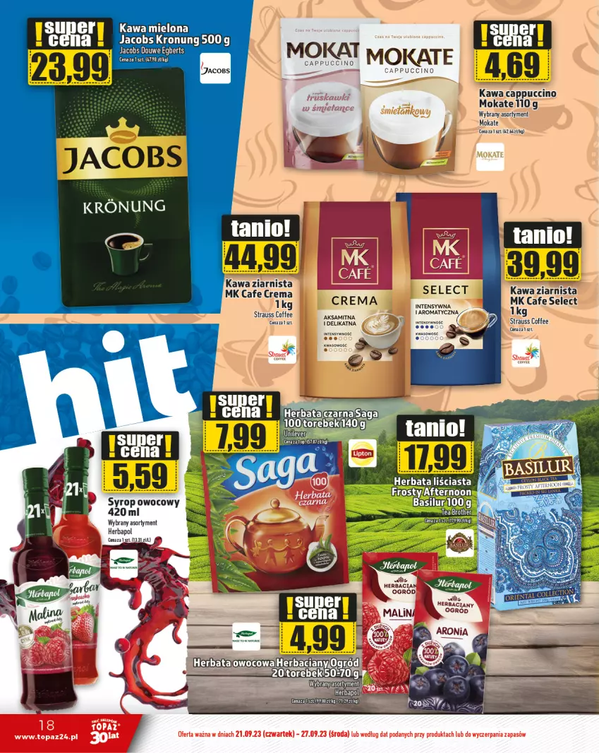 Gazetka promocyjna Topaz - Gazetka - ważna 21.09 do 27.09.2023 - strona 18 - produkty: Cappuccino, Herbapol, Jacobs, Kawa, Kawa mielona, Kawa ziarnista, Materac, Ogród, Saga, Tera